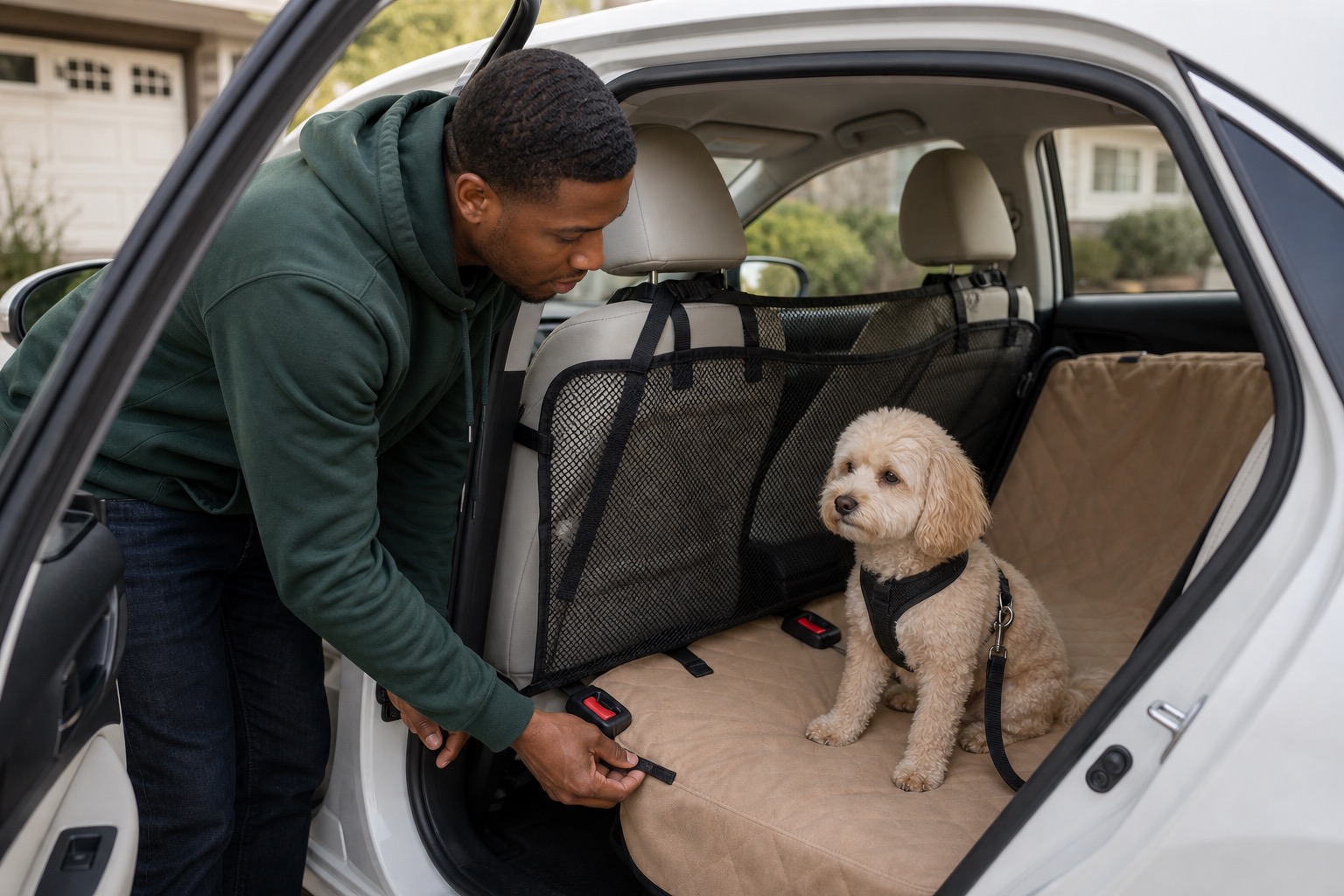 Man checking that a soft mesh barrier does not block rear seat belt buckles or harness tether access while a small dog sits nearby