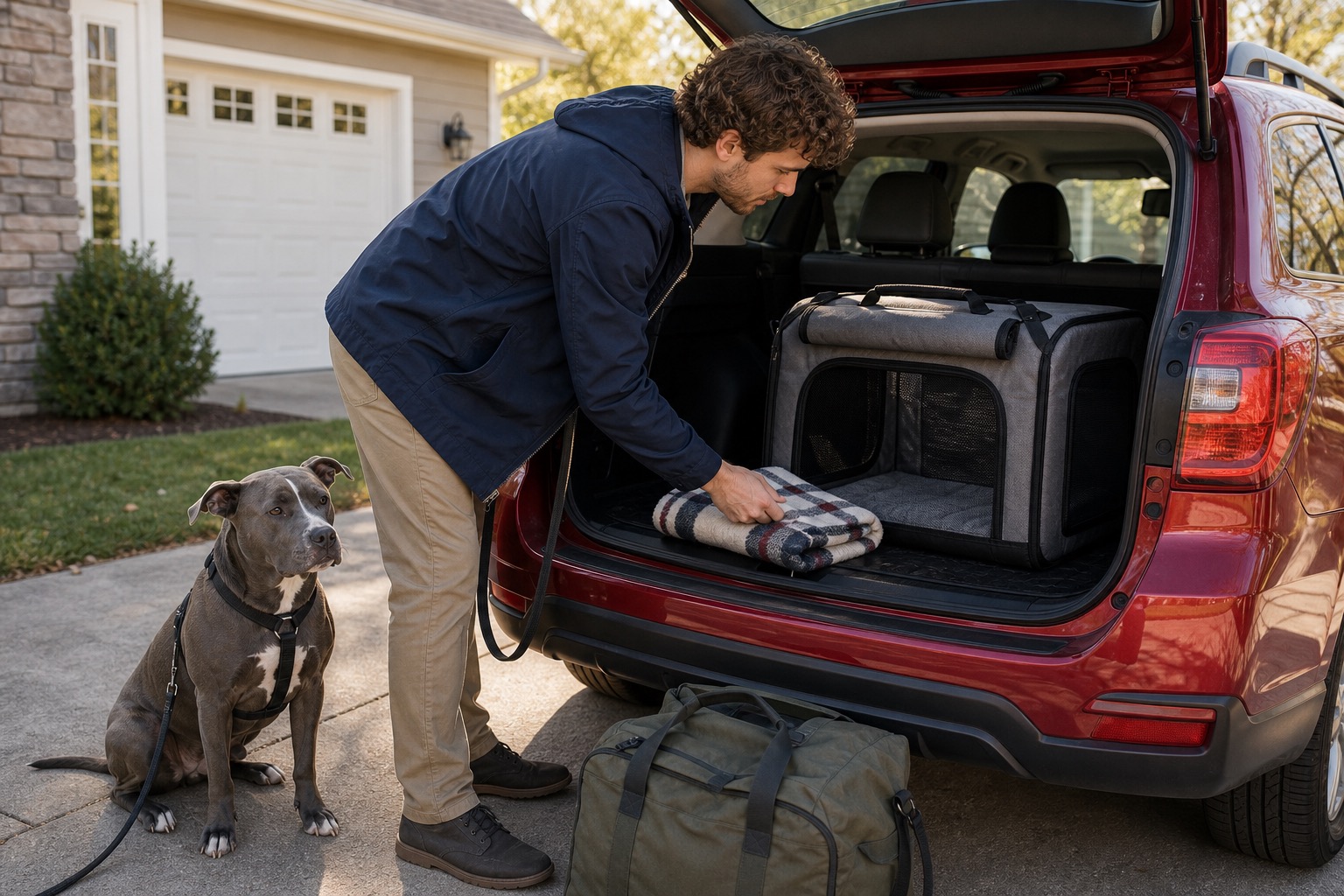 Man placing a soft dog crate in the cargo area of a wagon as an alternative to using a loose back seat barrier