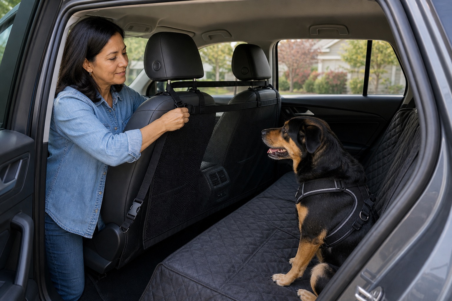 Dog owner checking a mesh back seat barrier behind the front seats of an SUV while a dog waits on a rear seat cover