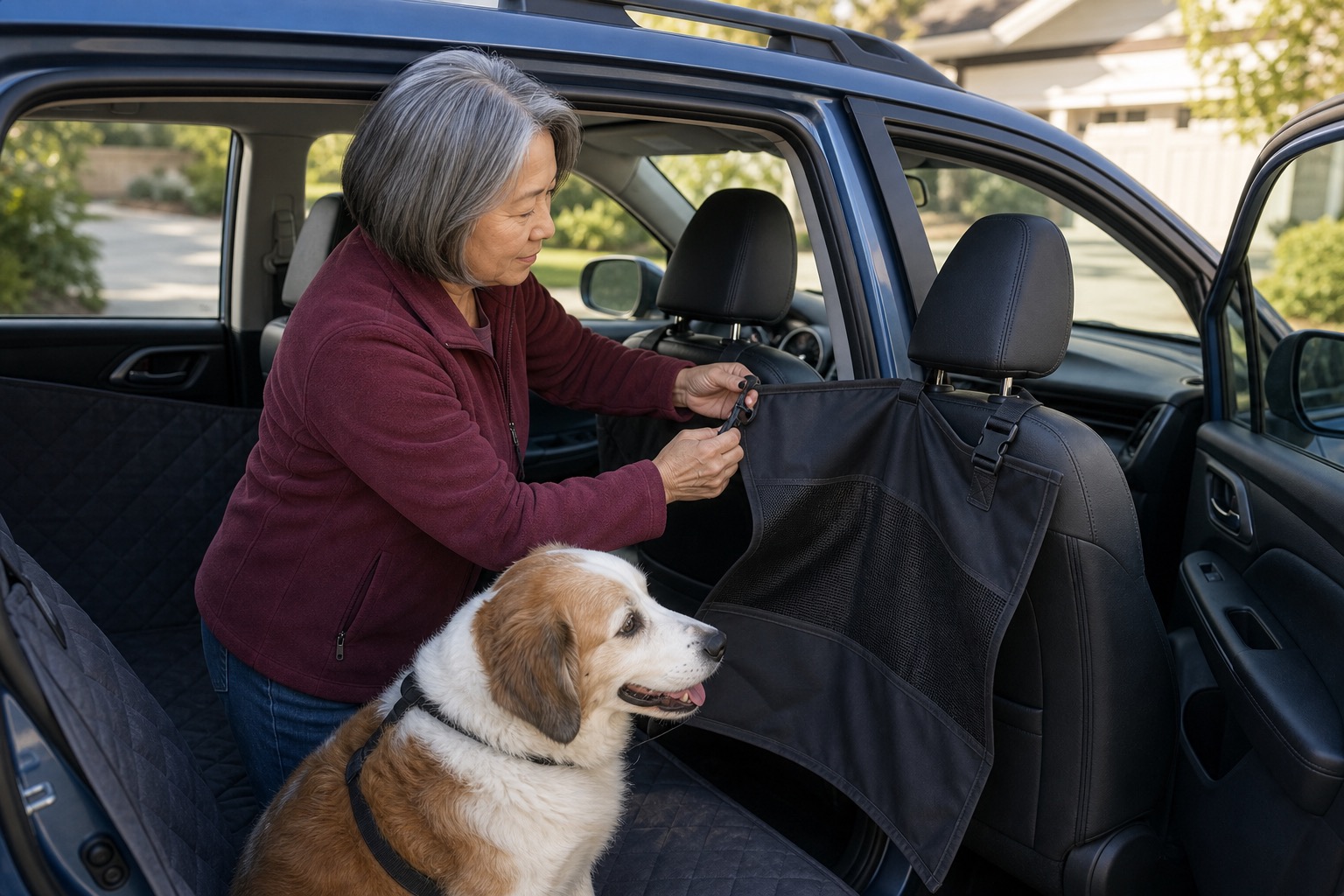Older woman removing a loose fabric dog barrier that sags into the back seat area while a large senior dog waits calmly