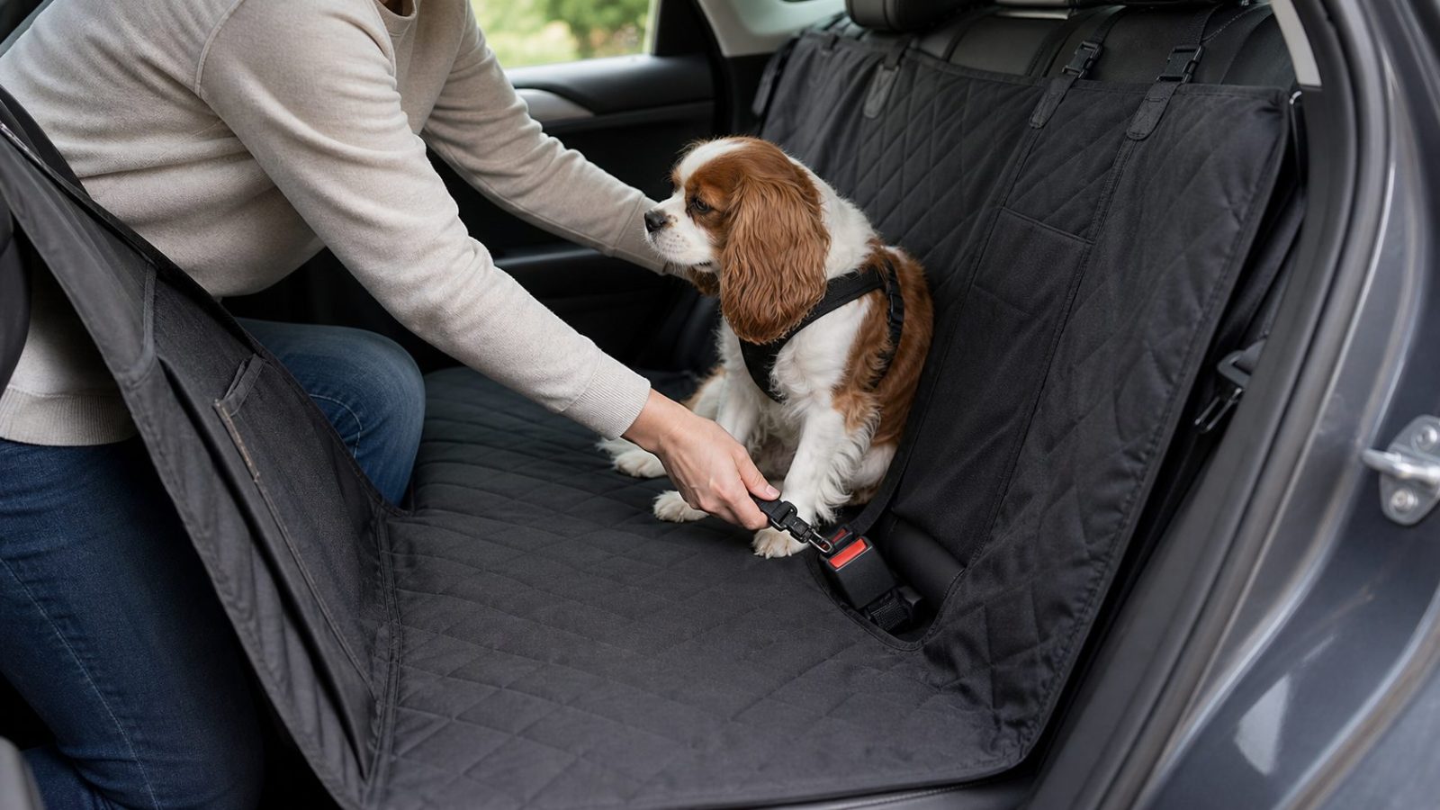 Dog owner checking seat belt buckle access with a small dog on a back seat extender