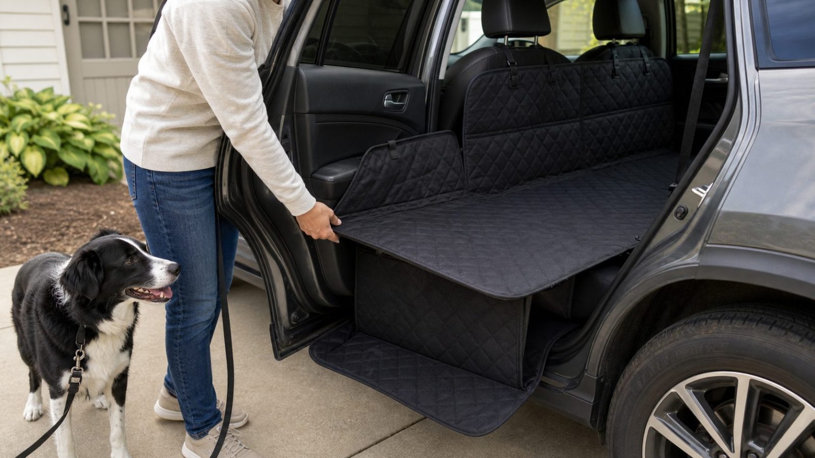 Dog owner checking the support panel and footwell coverage on a back seat extender