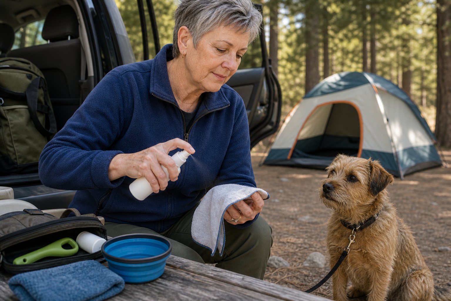 Dog owner applying pet-safe bug spray to a cloth at a campsite while a small terrier waits nearby