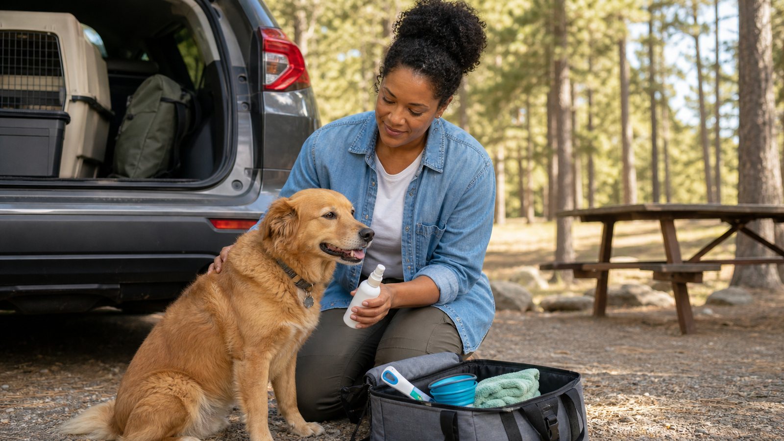 Dog owner organizing a pet-safe insect repellent travel kit beside an SUV at a campground