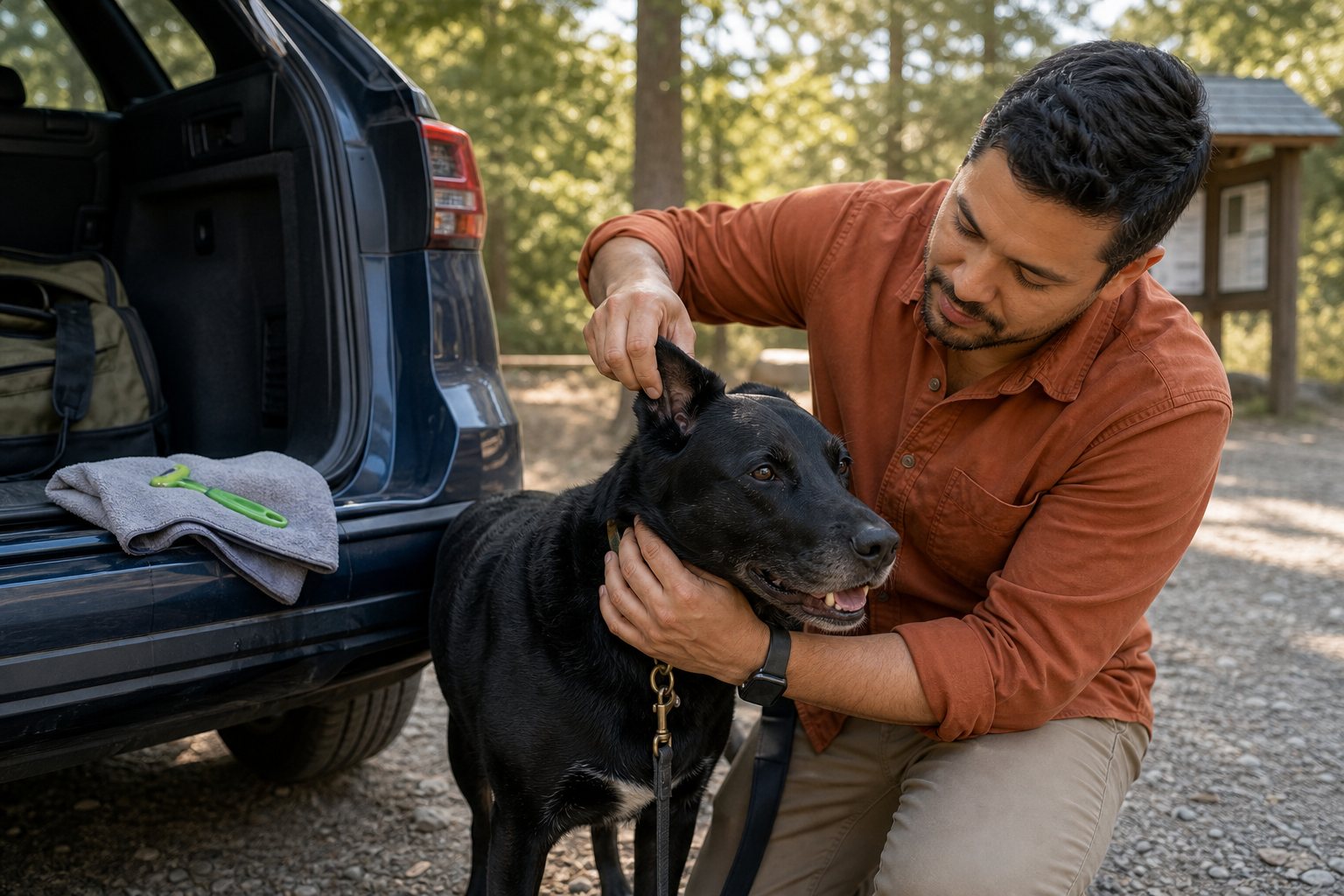 Dog owner checking a large black dog for ticks beside an SUV at a trailhead