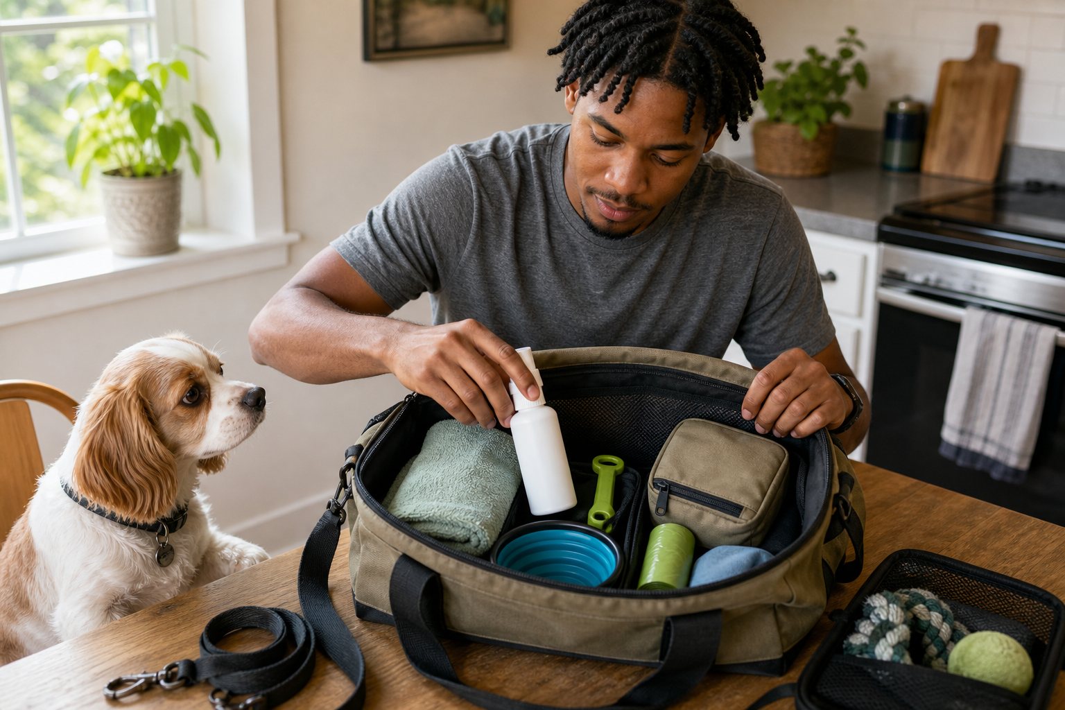 Dog owner packing pet-safe bug spray and tick tools into a dog travel bag before a camping road trip