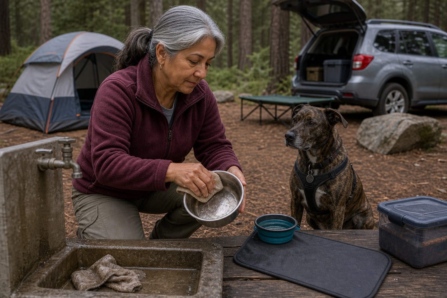 Older woman wiping a muddy dog bowl with a towel at a campsite wash area while a dog waits nearby