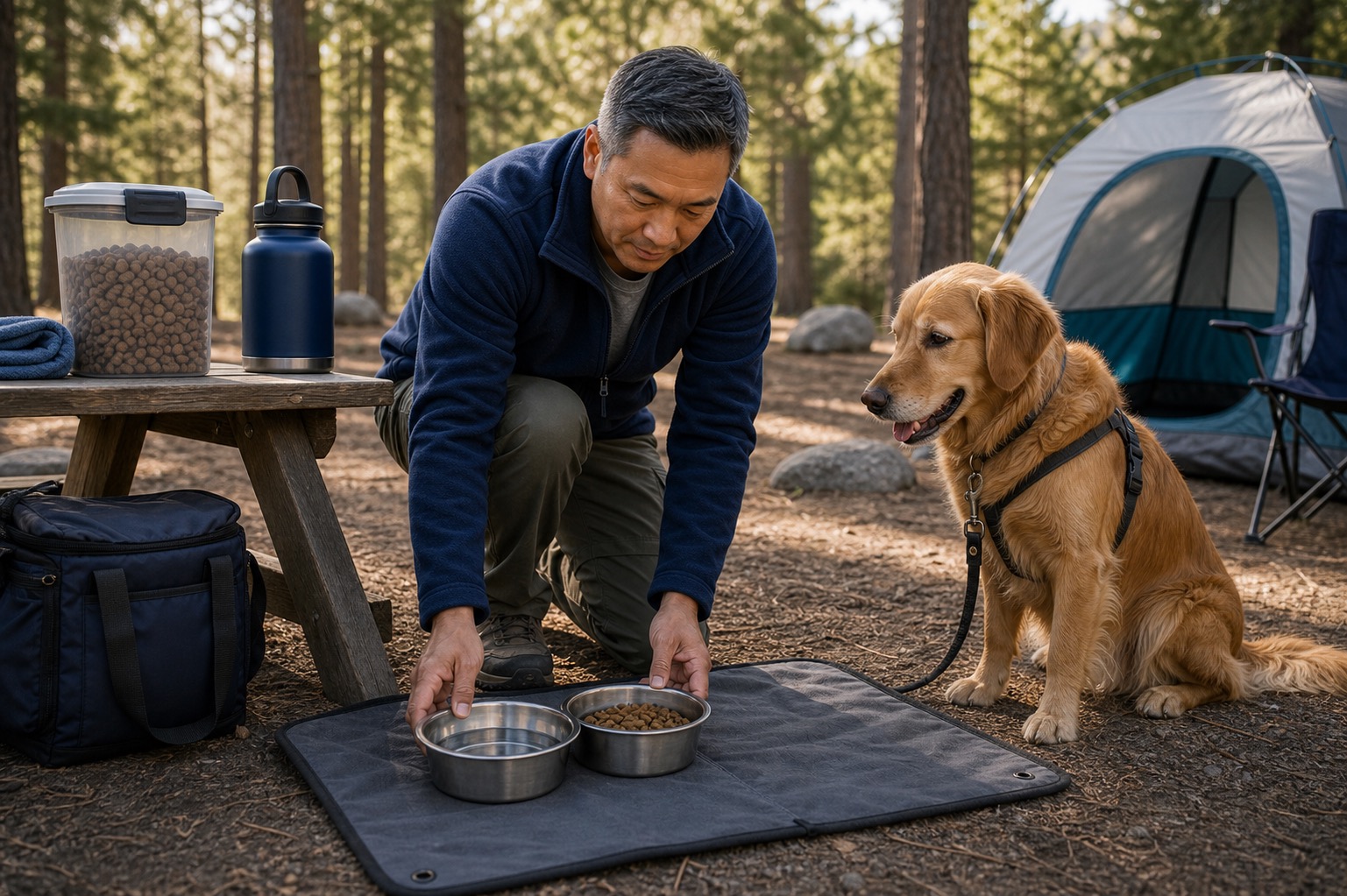 Dog owner setting up food and water bowls on a washable mat beside a picnic table at a wooded campsite
