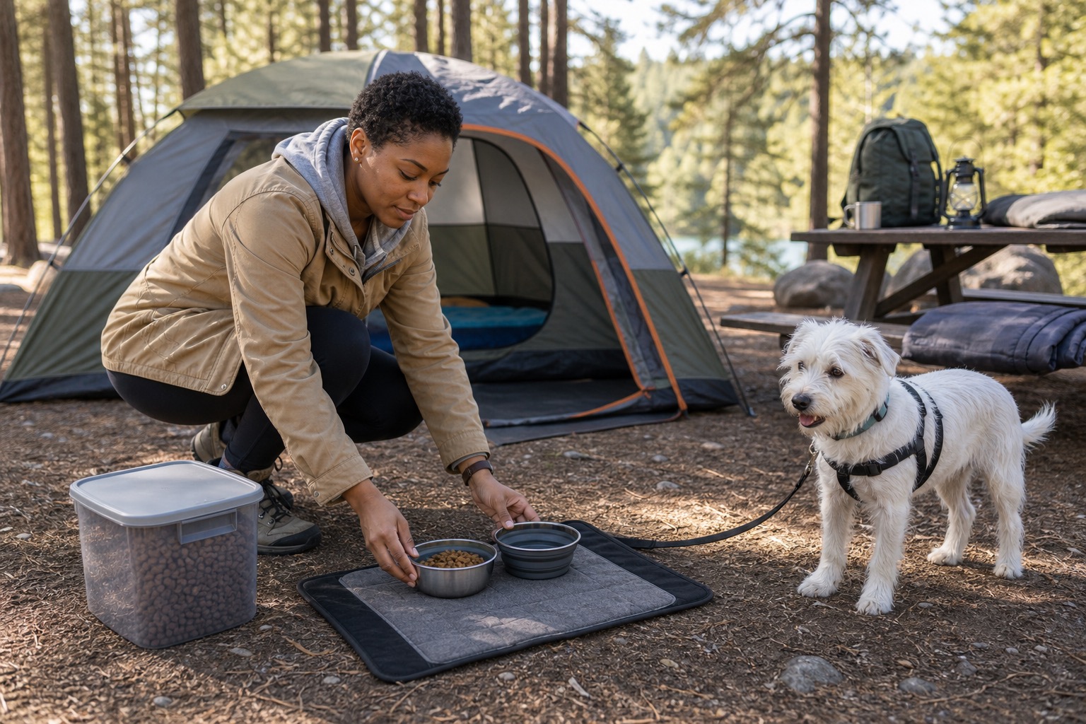 Woman moving a dog food and water station to a shaded flat spot away from a tent door at a campsite