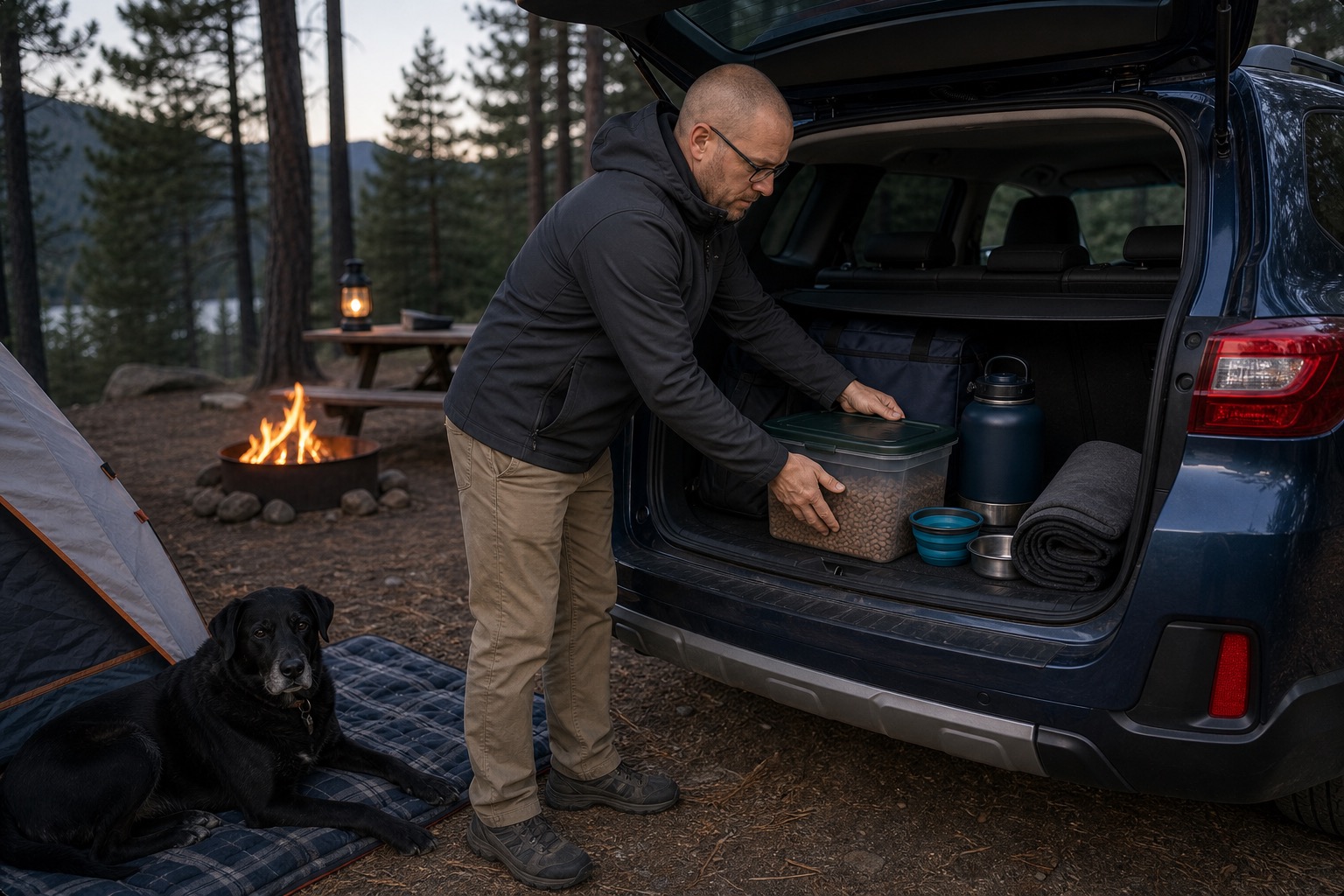 Man packing sealed dog food, bowls, a water jug, and a washable mat into the cargo area of an SUV before night at a campground