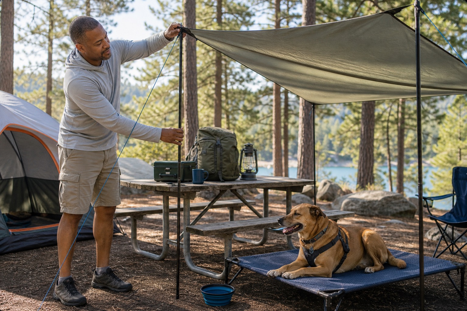 Dog owner setting up a shade tarp at a campsite while a dog rests on a raised cot with water nearby