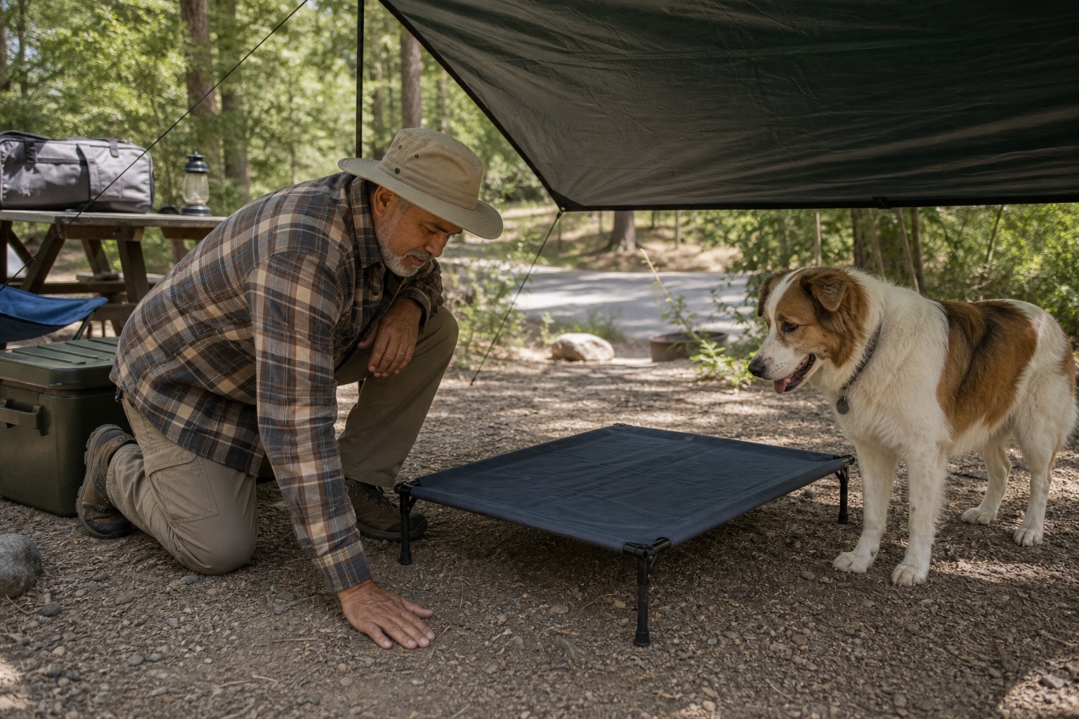 Dog owner checking the campsite ground near a raised dog cot under a shade tarp
