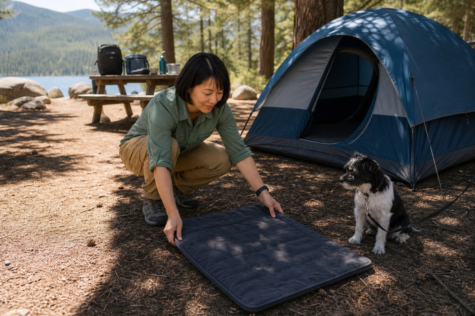 Dog owner moving a rest mat into tree shade beside a tent while a small dog waits on leash