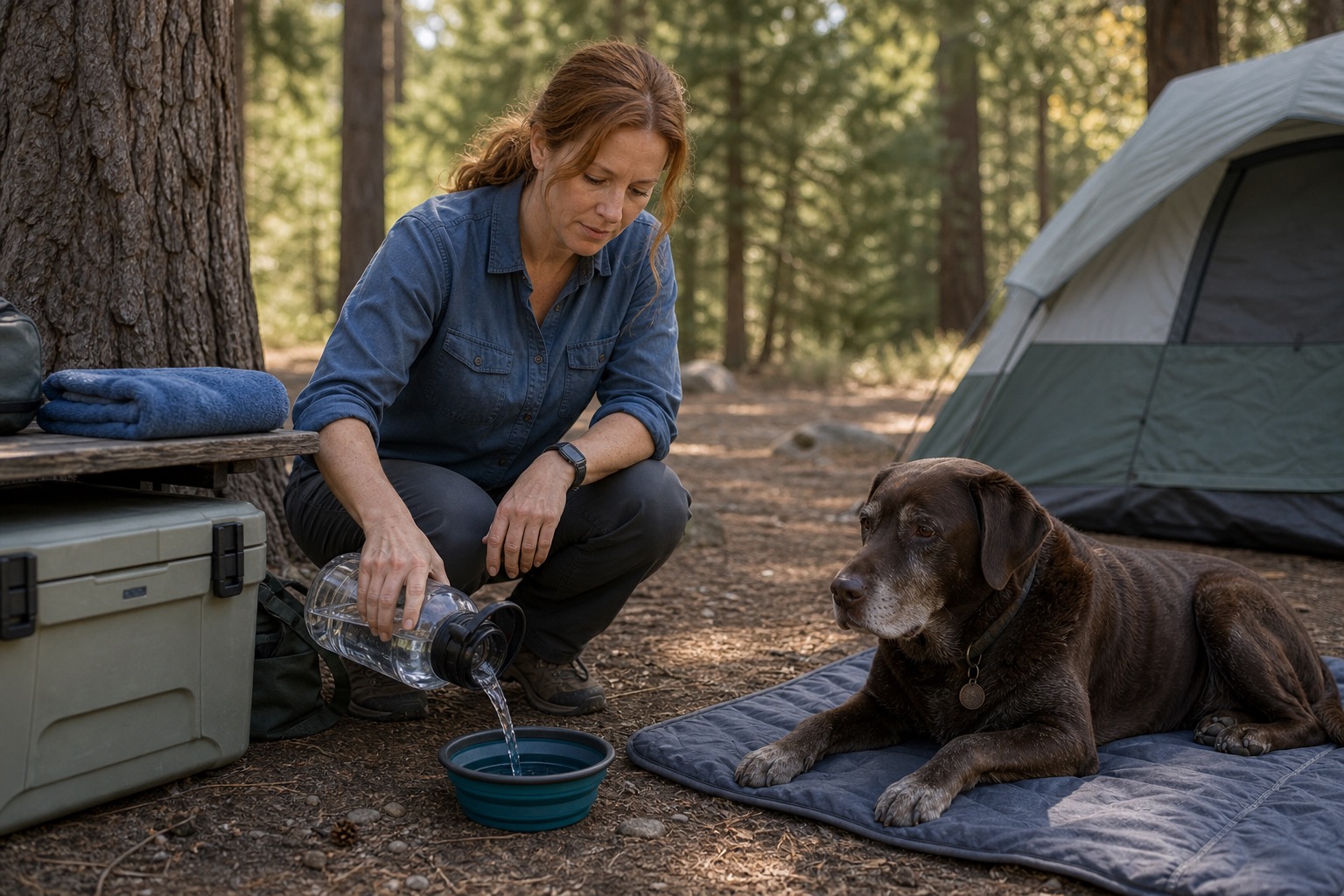 Dog owner refilling a dog water bowl in a shaded campsite rest area while a senior dog lies nearby