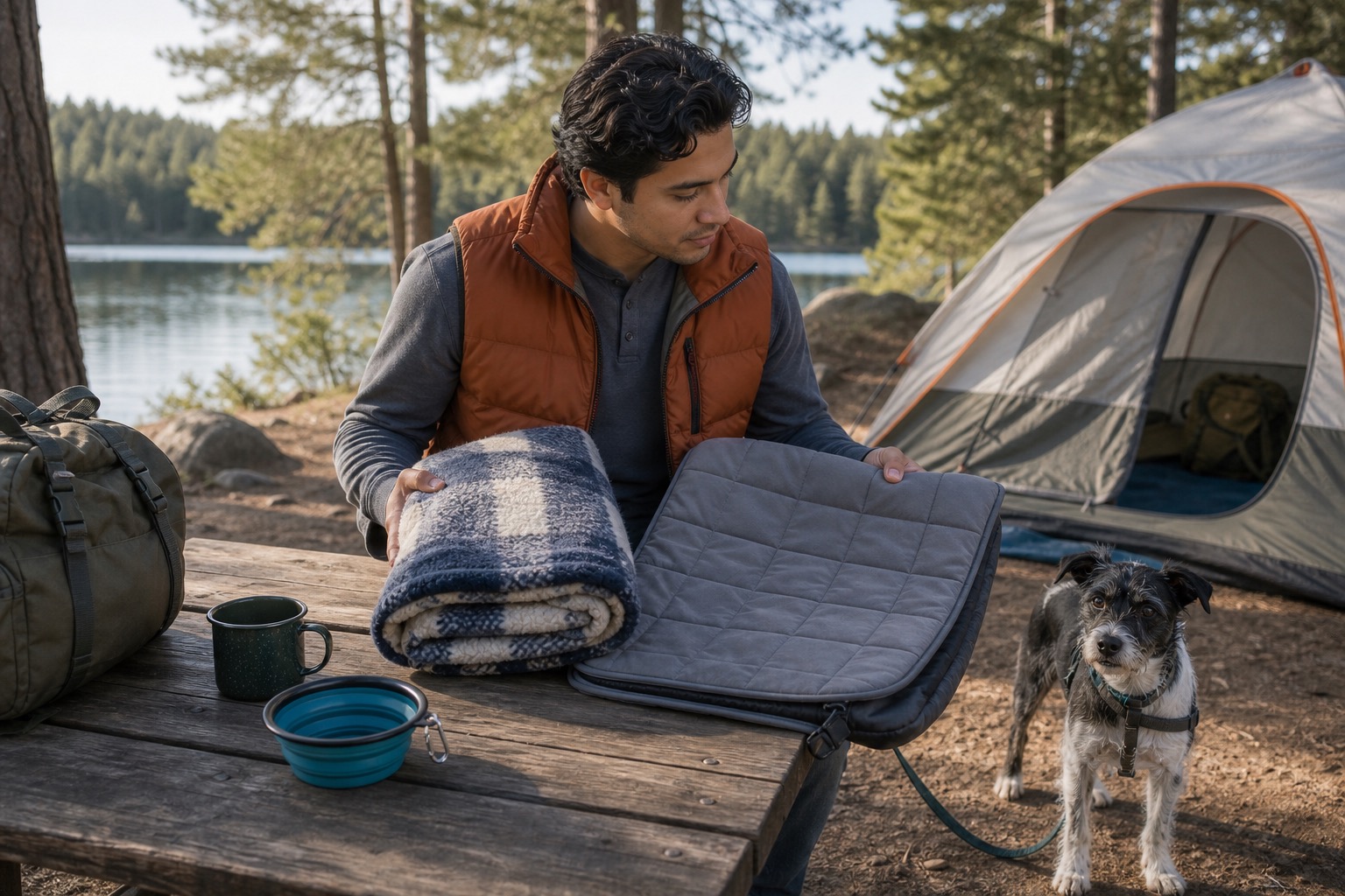 Man comparing a folded fleece dog blanket and a compact padded travel mat on a picnic table at a lakeside campsite while a small dog waits nearby