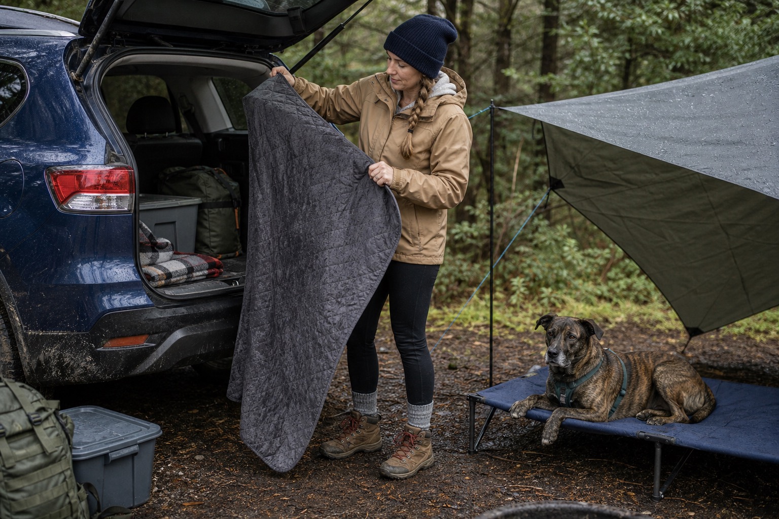 Woman drying a damp dog blanket near the open hatch of a blue SUV while a brindle dog rests on a raised cot under a tarp