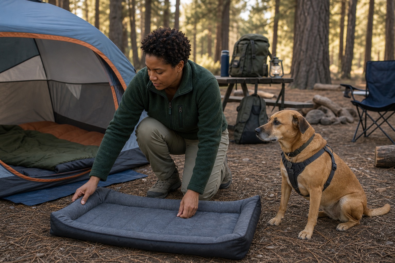 Dog owner setting up a low-profile dog camping bed beside a tent while a harnessed dog waits nearby