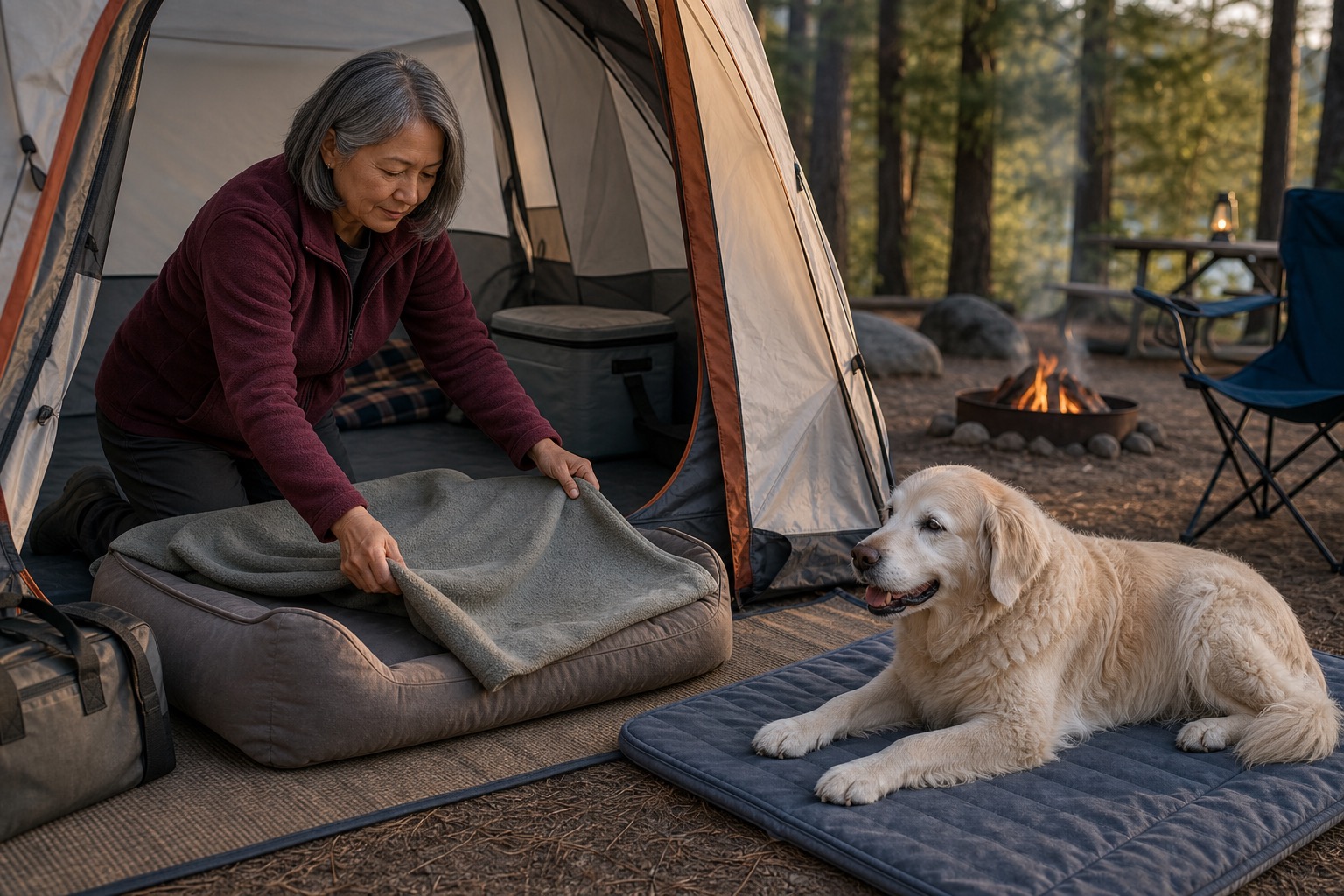 Older woman placing a washable blanket over a dog bed inside a tent while a large senior dog waits on a camp mat