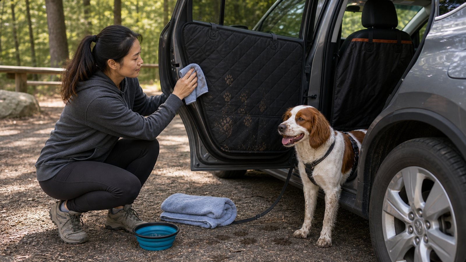 Dog owner wiping muddy paw marks from a black car door protector at a trailhead