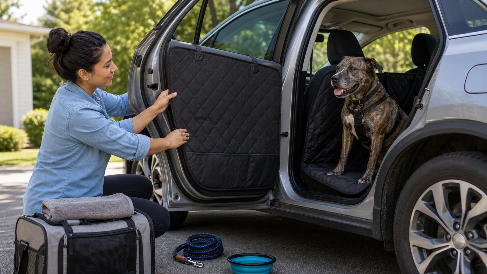 Dog owner installing a black quilted door protector on an SUV rear door while a dog waits on the back seat