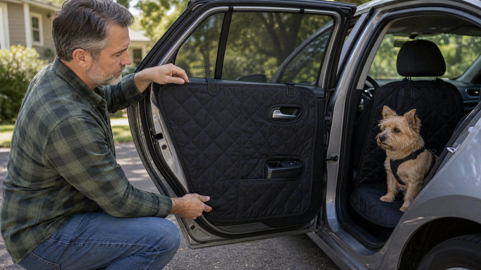 Dog owner checking that a quilted car door protector does not cover the handle or window switch