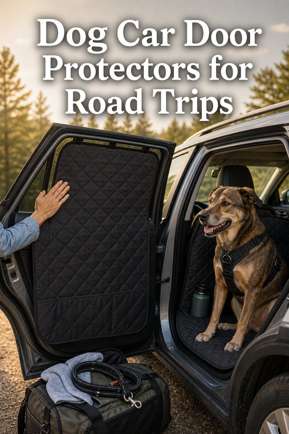 Pinterest image for dog car door protectors for road trips