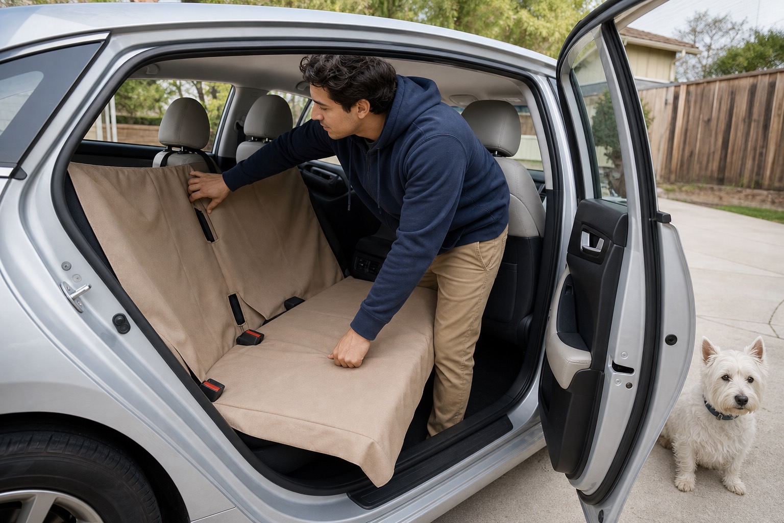 Young man fitting a tan bench-style dog seat cover across the rear bench of a sedan while a small white dog waits nearby