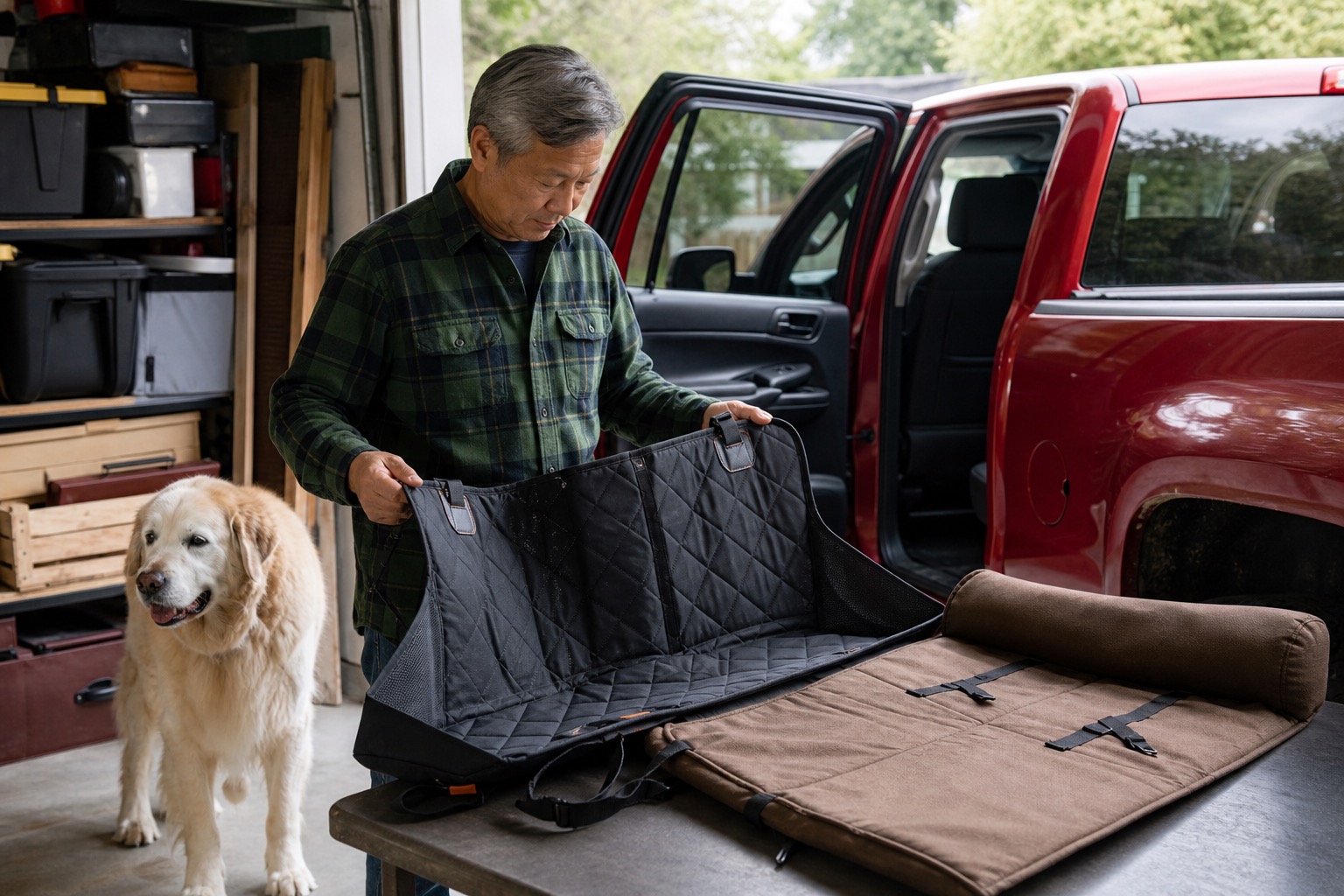 Older man comparing a car hammock and a bench seat cover on a garage table beside a pickup truck while a large dog stands nearby