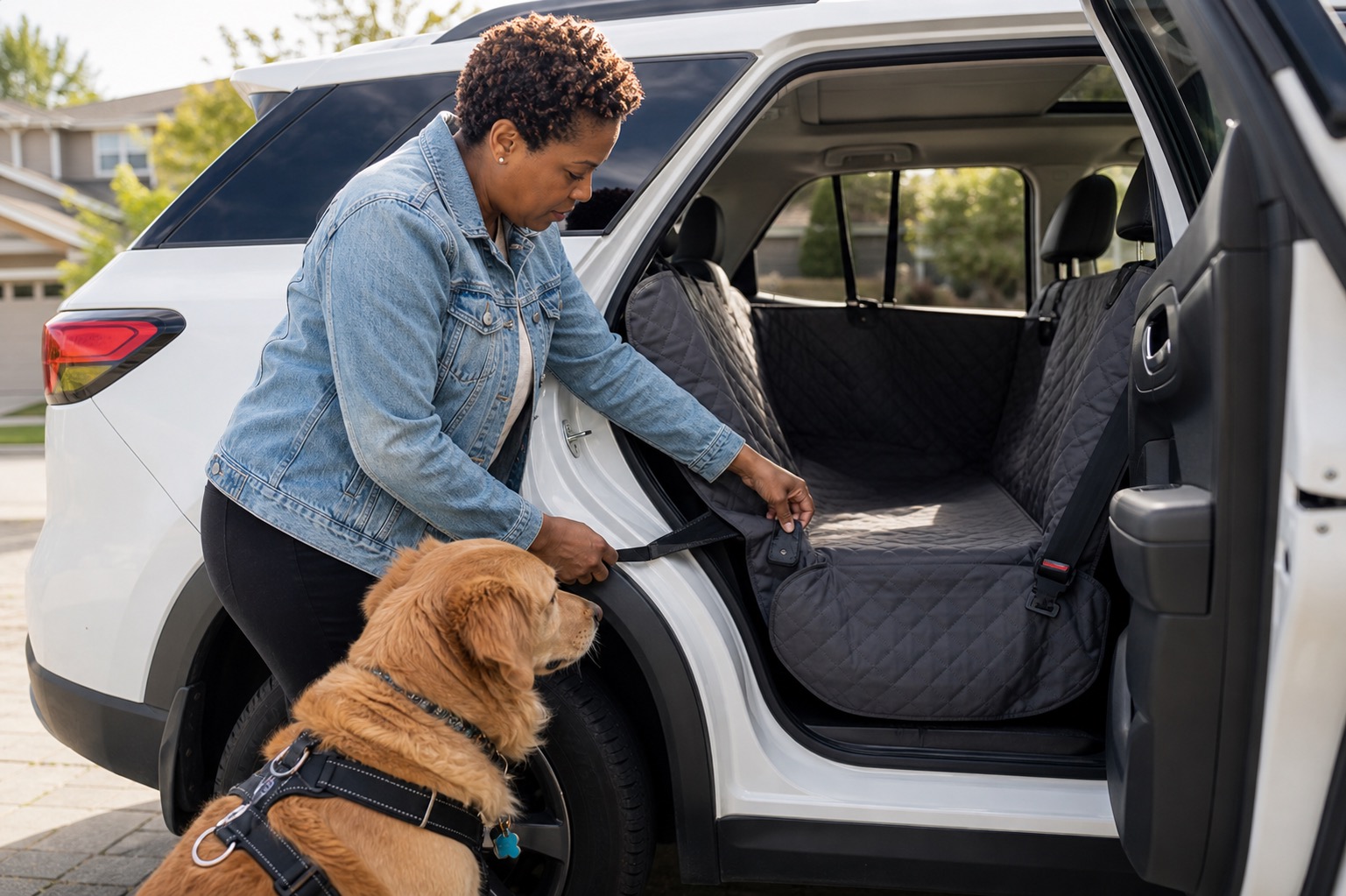 Dog owner adjusting a rear seat hammock in an SUV while a harnessed dog waits beside the open door