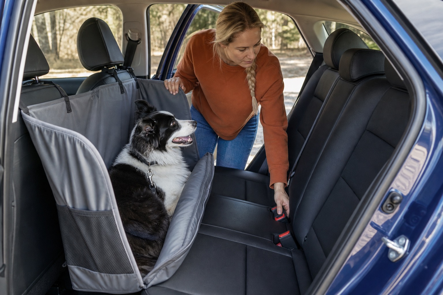 Woman checking a split rear bench setup with one side covered for a dog and the other side open for a passenger
