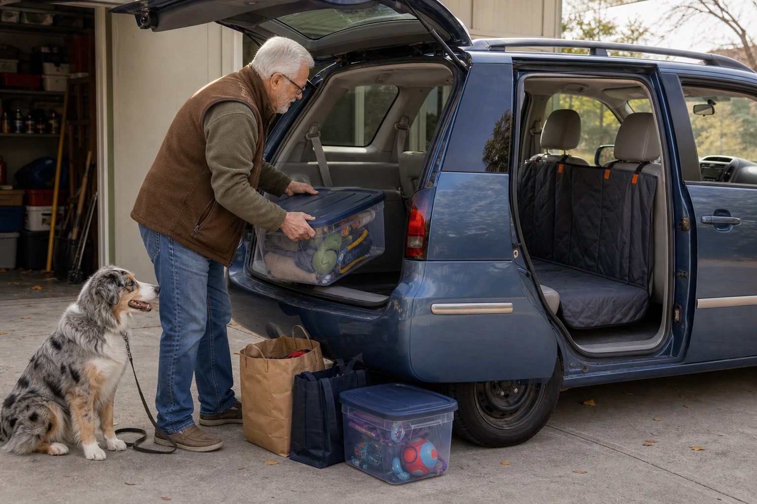 Older man moving hard storage bins from the rear bench into the cargo area while a dog waits beside a cleared back seat