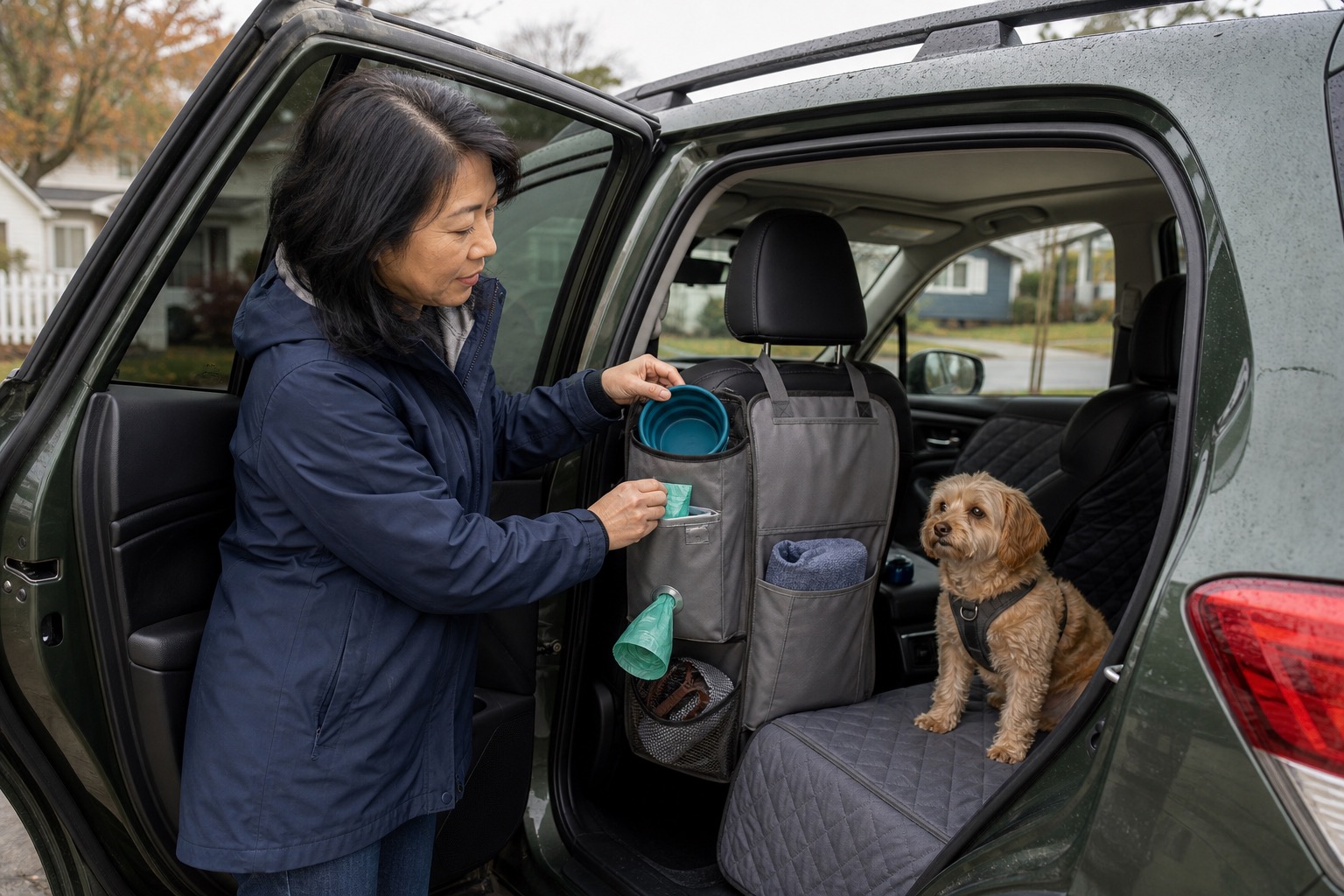 Dog owner placing road trip supplies into a seat-back organizer while a small dog waits on the rear seat cover