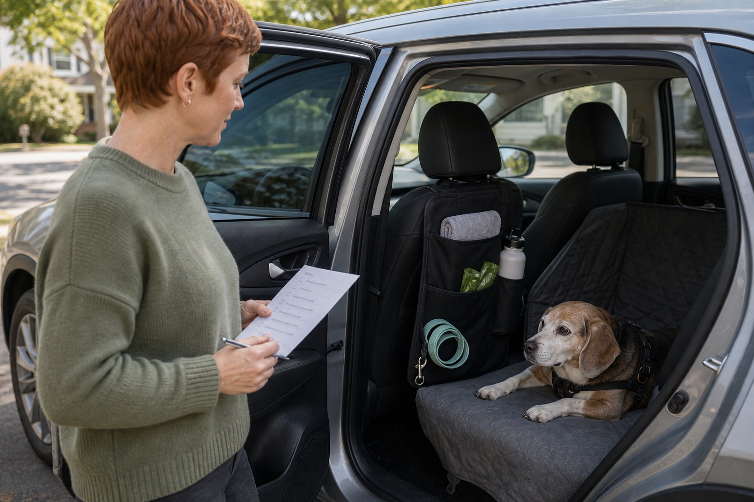 Woman checking a simple paper checklist beside an open crossover with a compact dog car organizer and senior dog resting on the rear seat