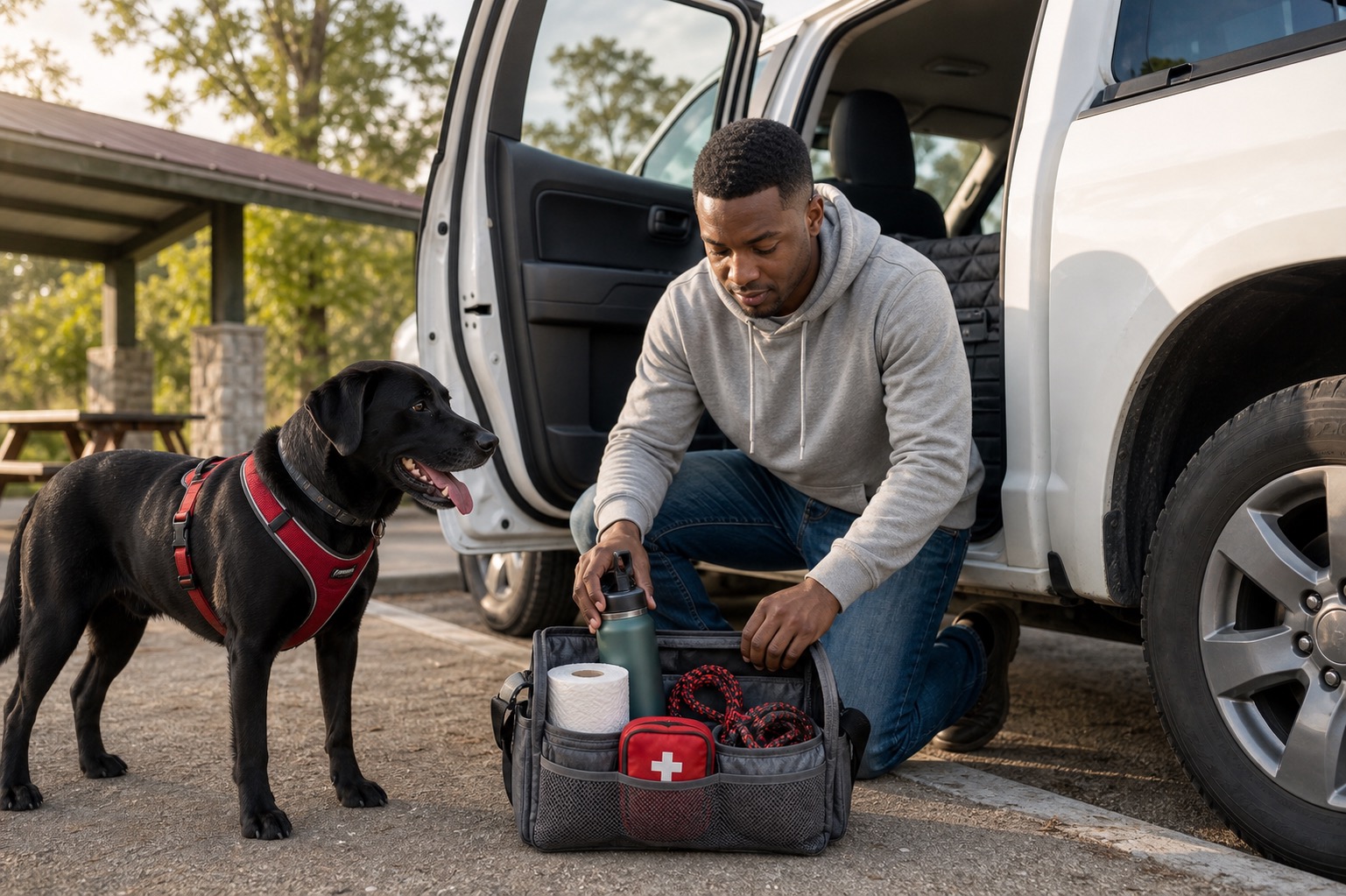Young man organizing a small car tote with dog road trip supplies beside a pickup truck while a large dog waits nearby