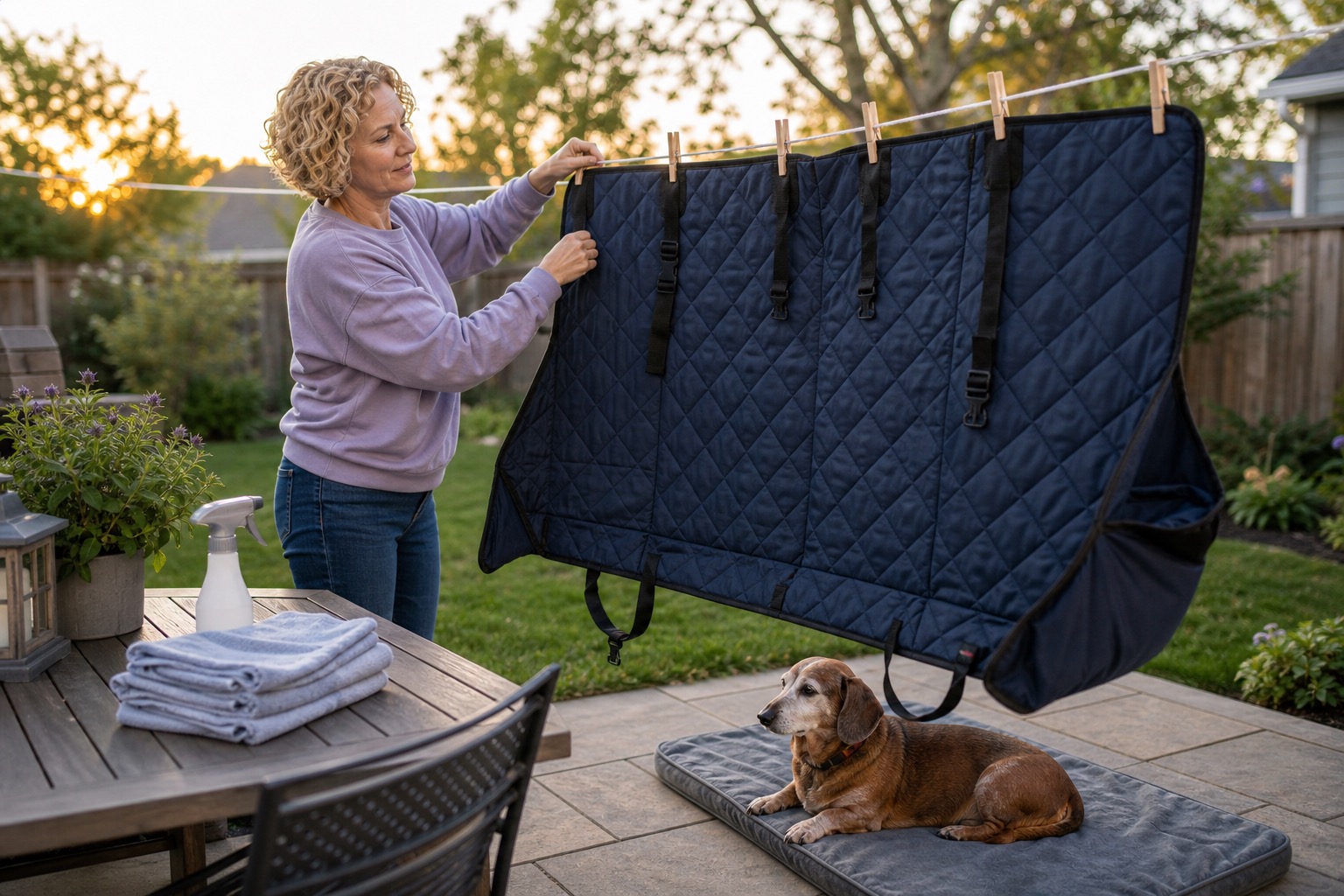 Woman hanging a clean dog seat cover over a backyard clothesline to air dry while a senior dog rests nearby