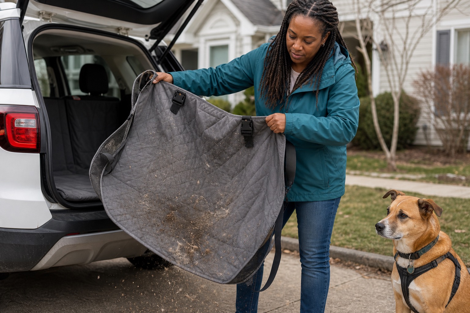 Dog owner shaking dirt and hair from a gray dog car seat cover beside an SUV after a road trip