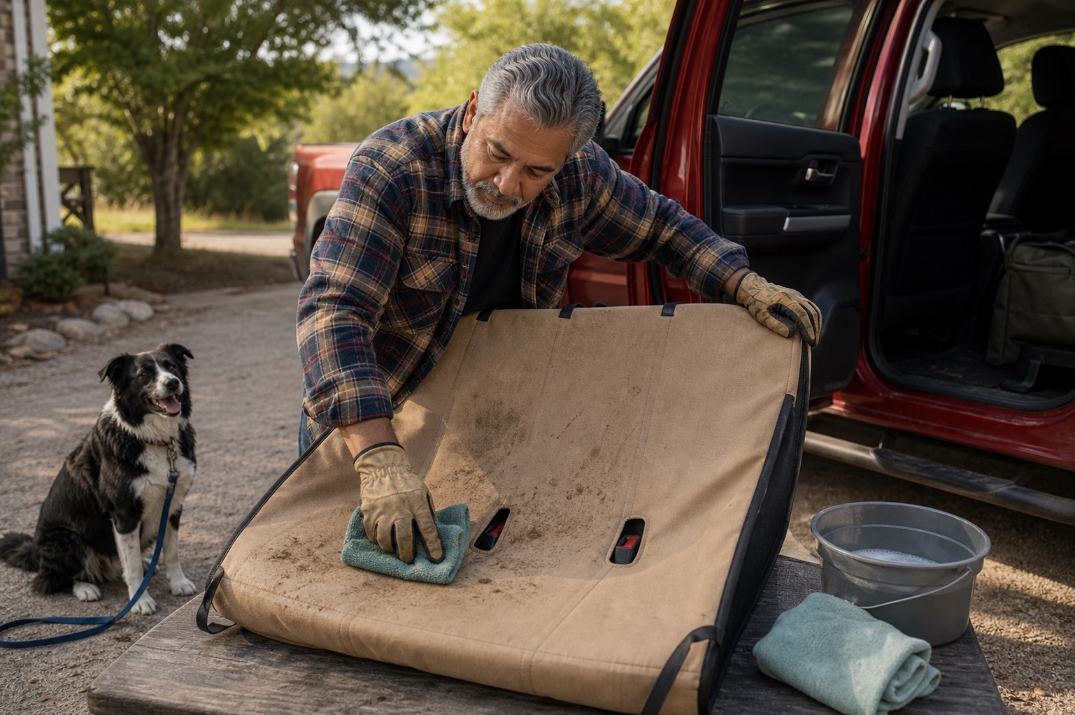 Older man spot-cleaning a tan bench-style dog seat cover with a damp cloth beside a pickup truck while a dog waits nearby