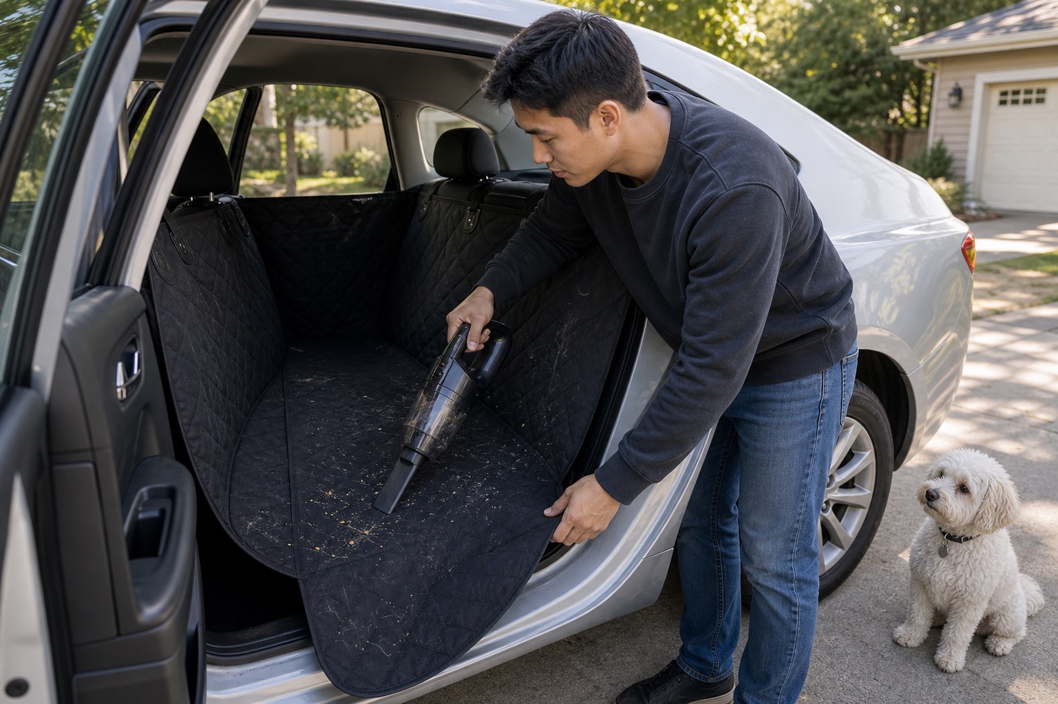 Young man using a handheld vacuum on a black dog car hammock in the rear seat of a sedan while a small dog watches nearby