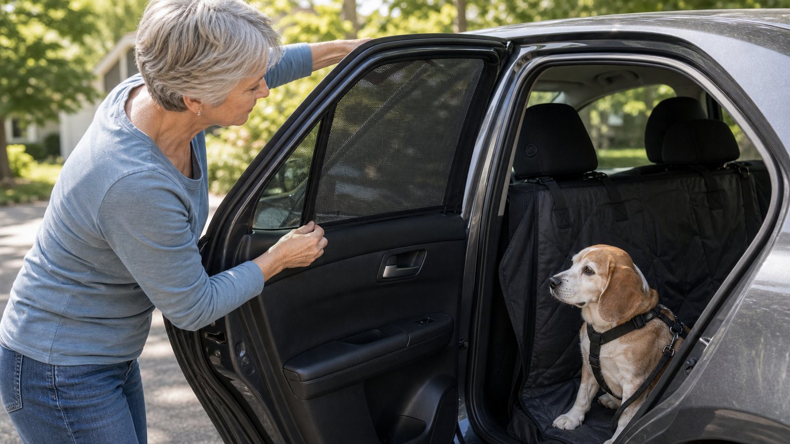 Dog owner checking the fit of a rear car window shade while a senior dog waits on the back seat