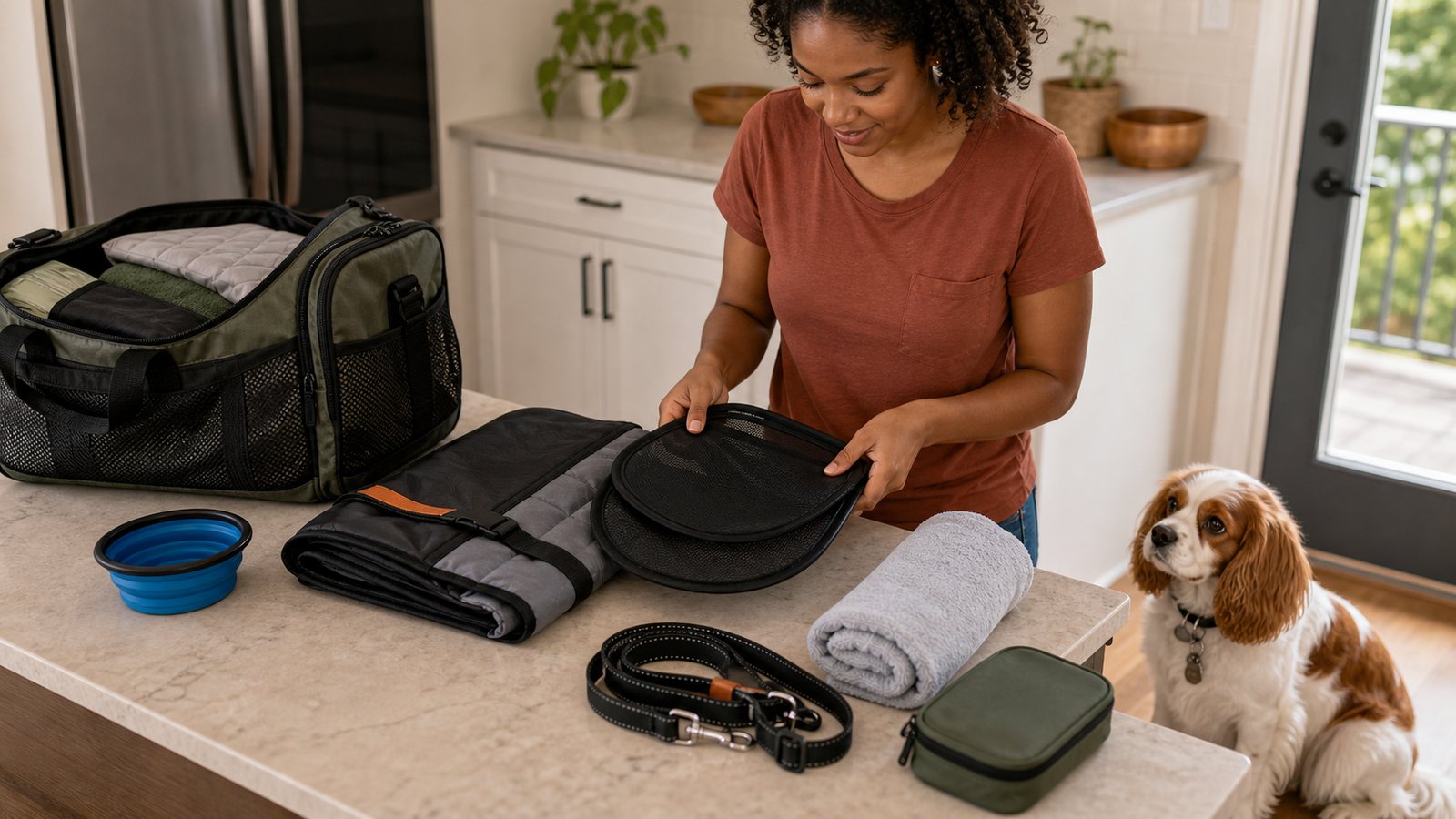 Dog owner folding black mesh car window shades beside dog road trip gear on a kitchen counter