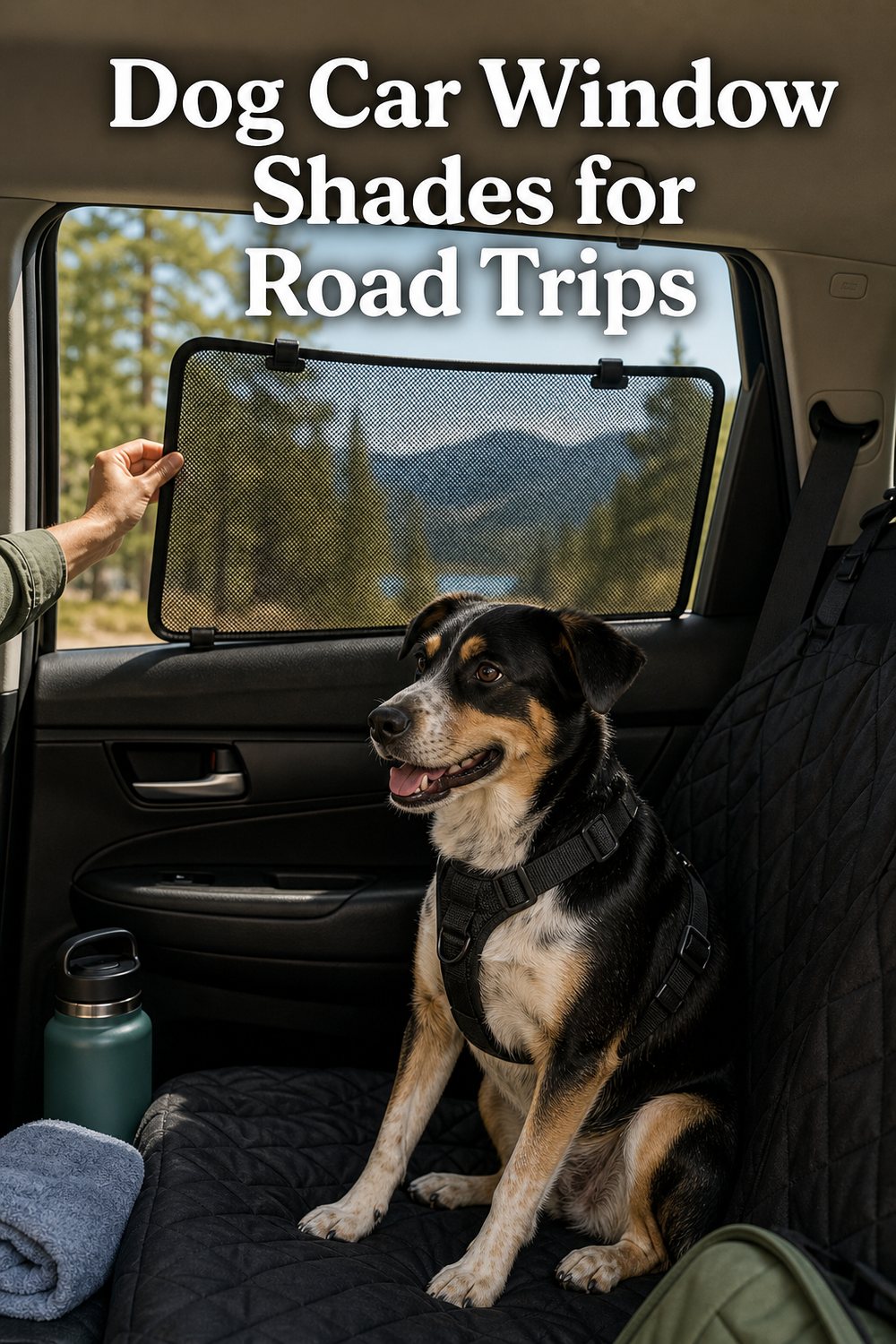 Pinterest image for dog car window shades for road trips