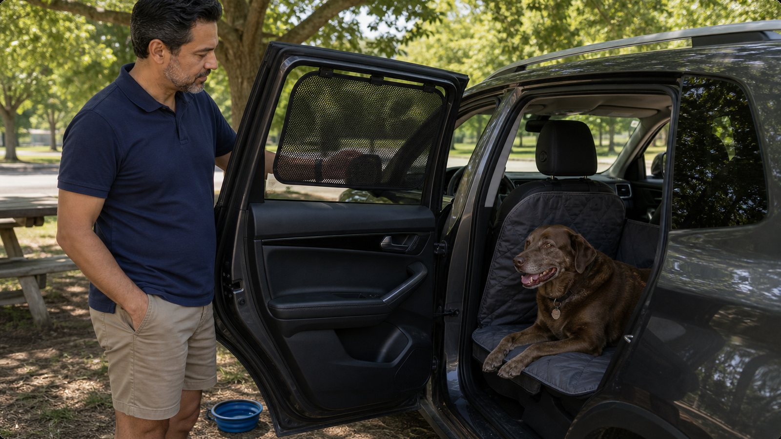 Dog owner standing beside an open SUV rear door with a mesh window shade while a dog rests in the back seat