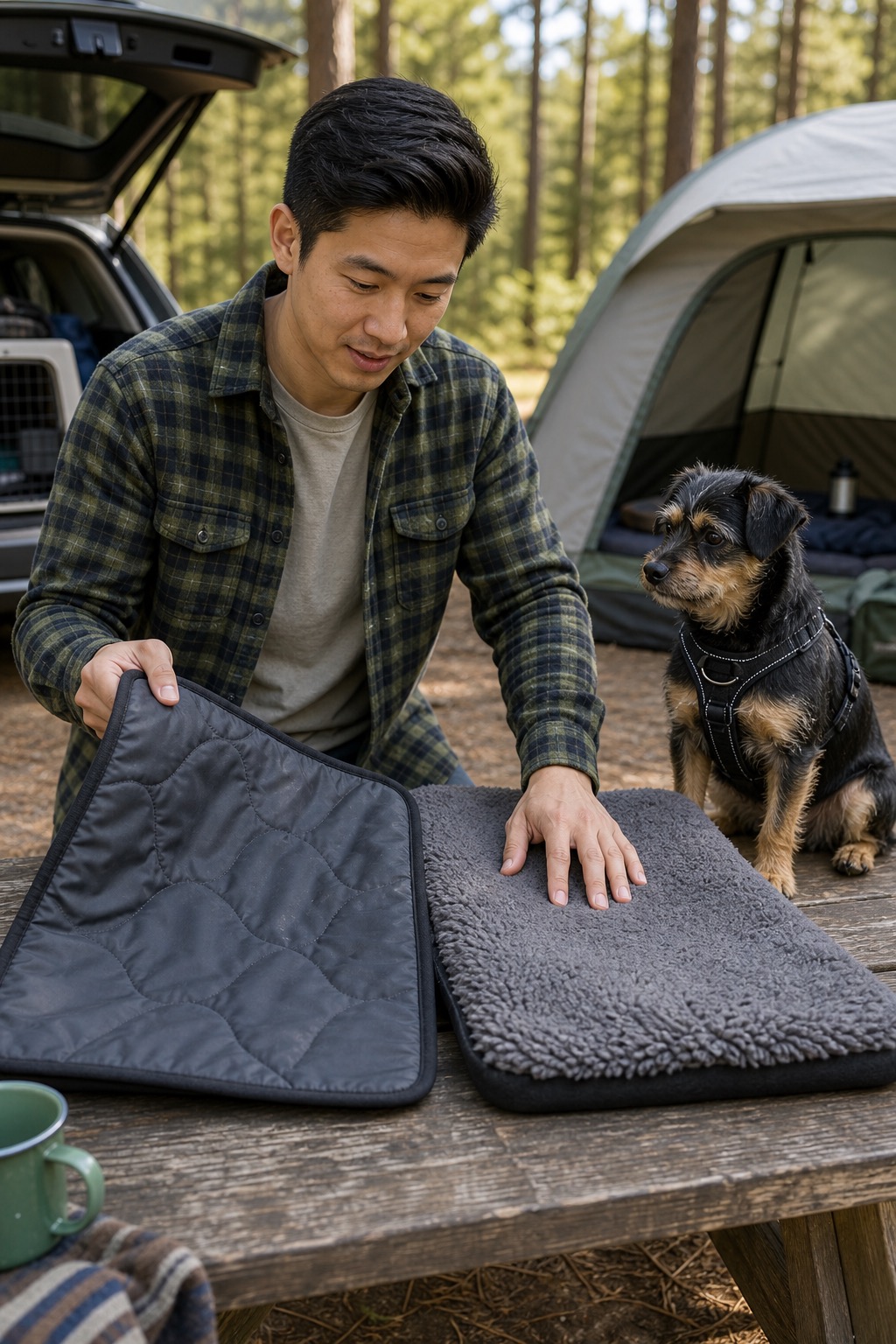 Older man checking the fit of a thick crate pad inside a wire crate in the back seat area of a vehicle while a senior dog waits nearby