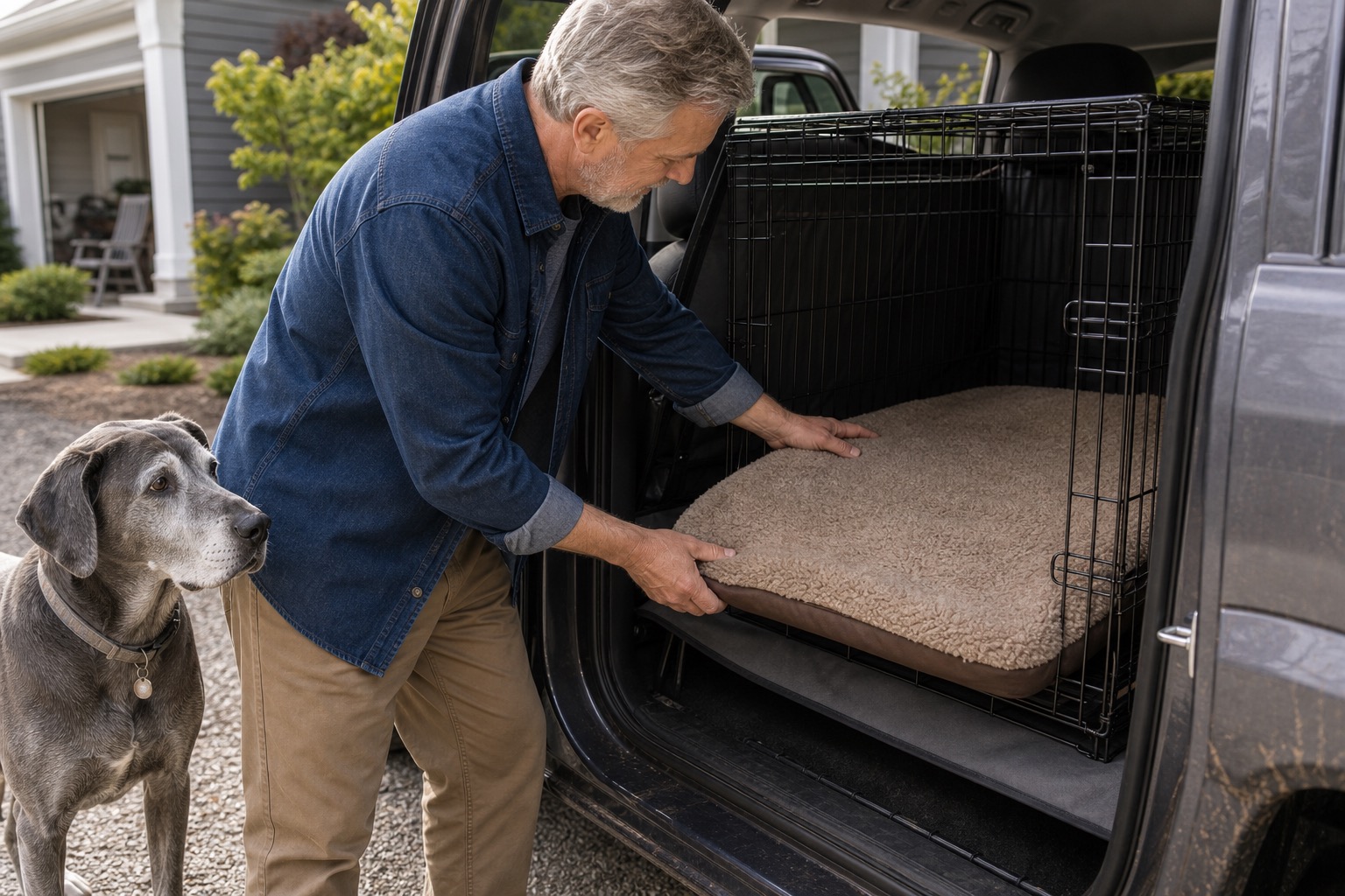 Woman drying a washable dog crate pad over a camp chair beside an SUV and tent while a small white dog waits nearby
