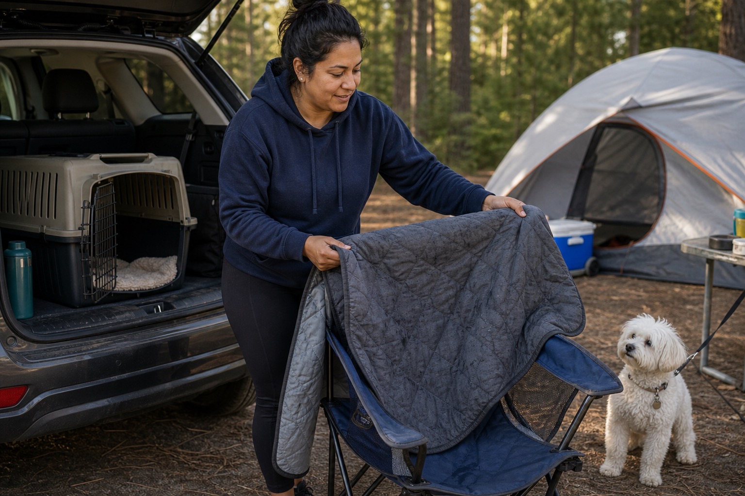 Dog owner packing a rolled waterproof crate mat, fleece pad, and towel into a dog travel tote on a kitchen table before a road trip