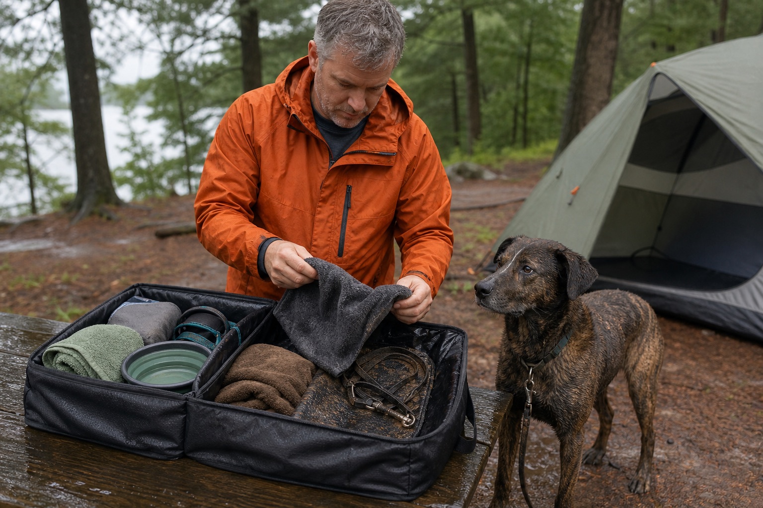 Dog dirty gear bag on a campsite picnic table after rain