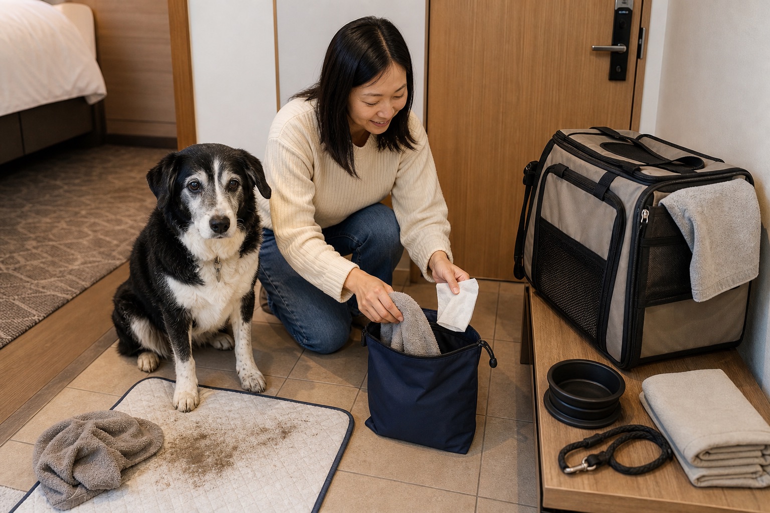 Dog dirty gear bag set up in a hotel entry area
