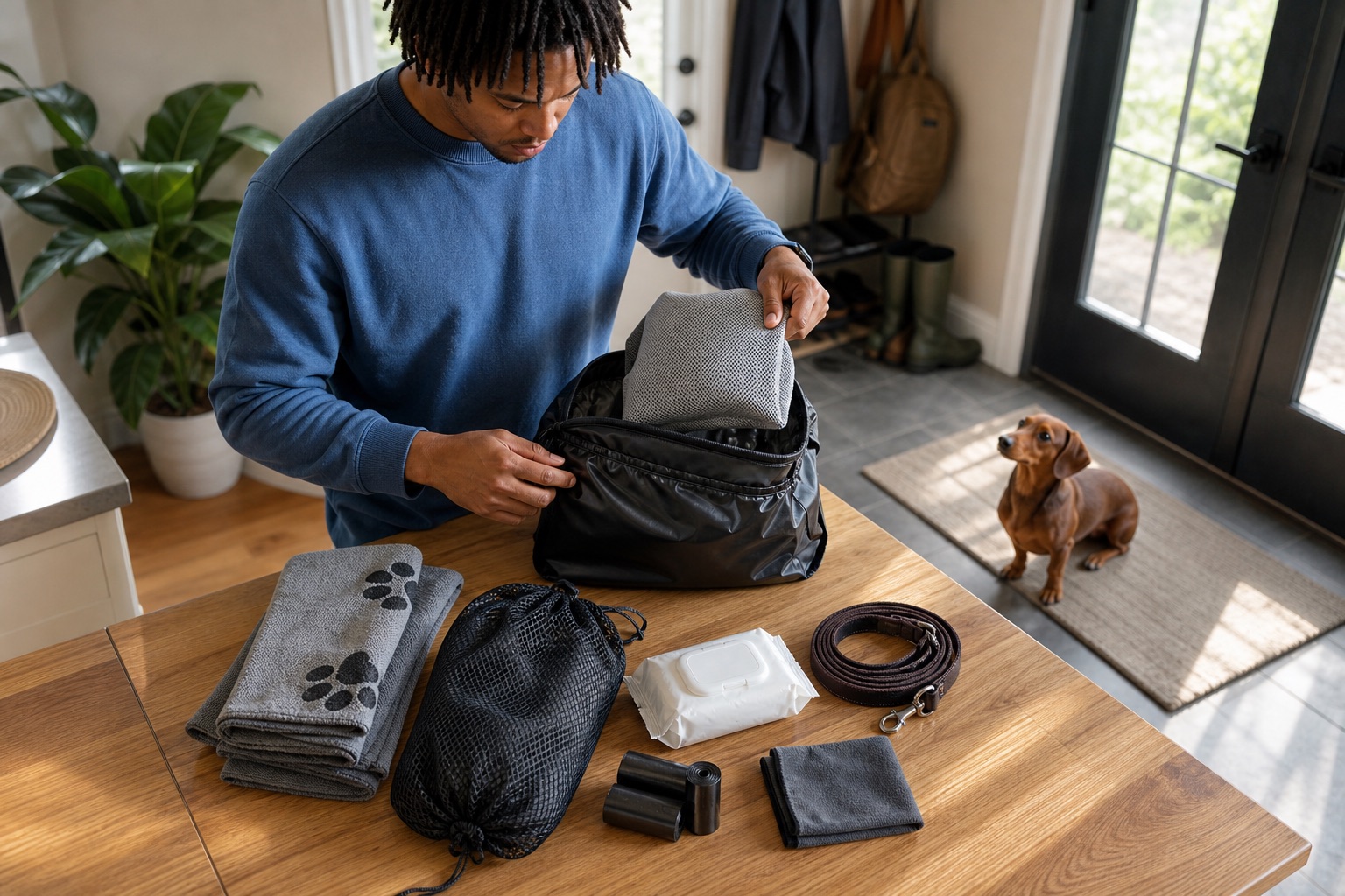 Dog travel dirty gear bag packing table with towels and wet bag