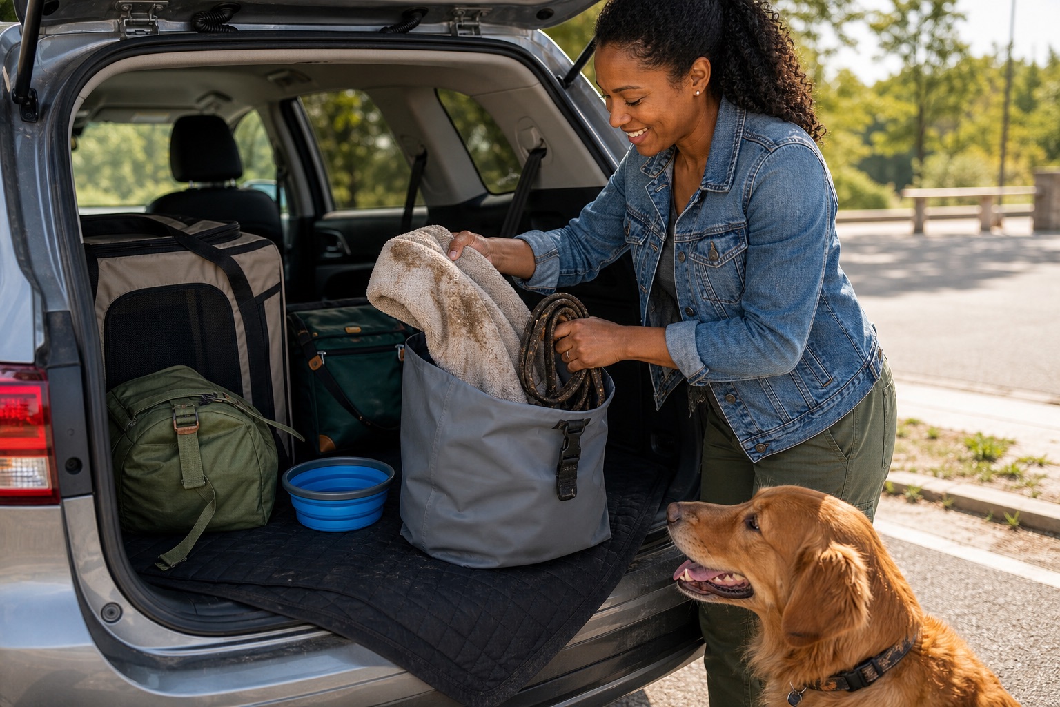 Dog owner packing a muddy towel and leash into a waterproof dirty gear bag beside an SUV