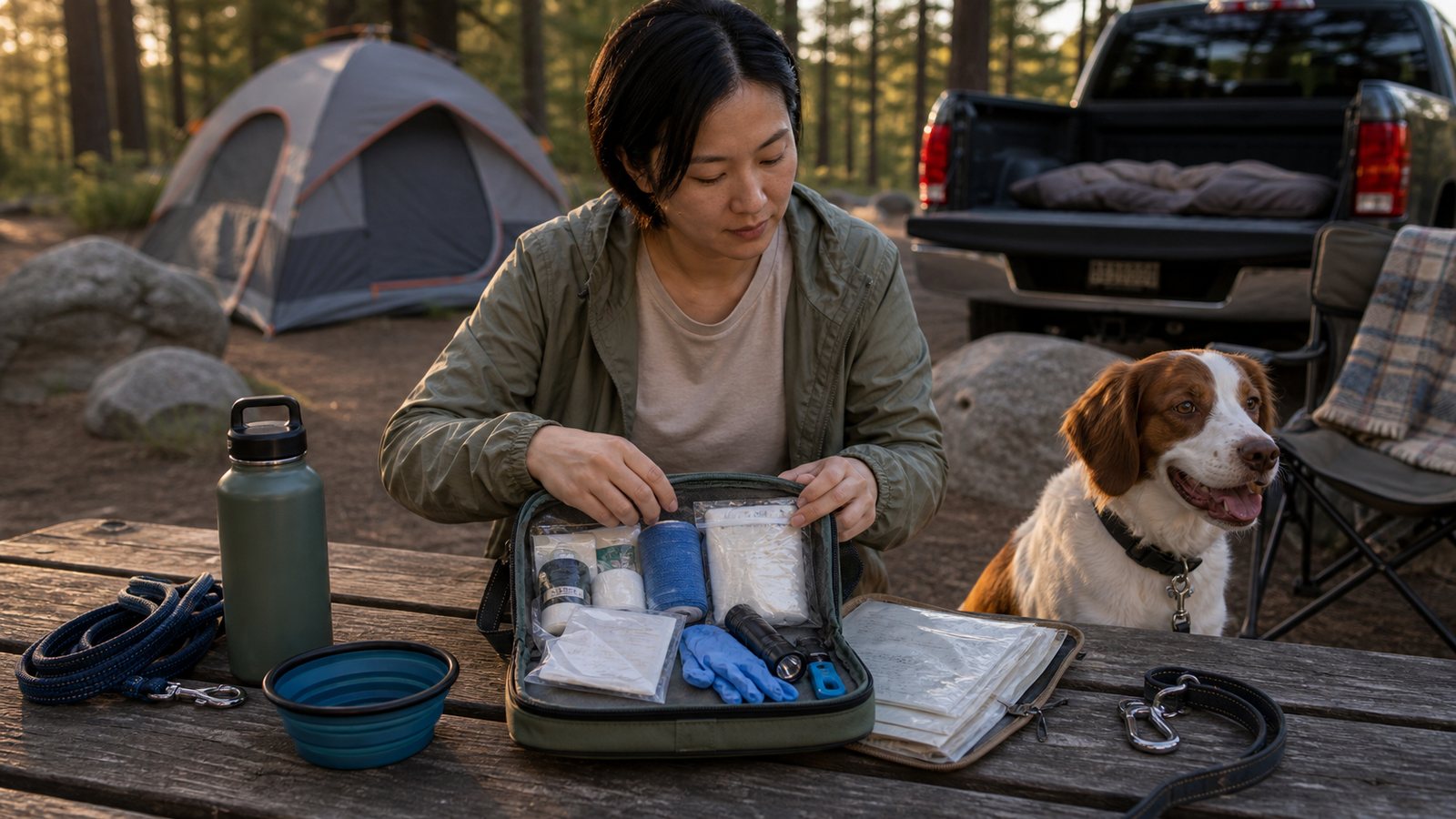 Dog owner organizing dog first aid supplies at a campground picnic table